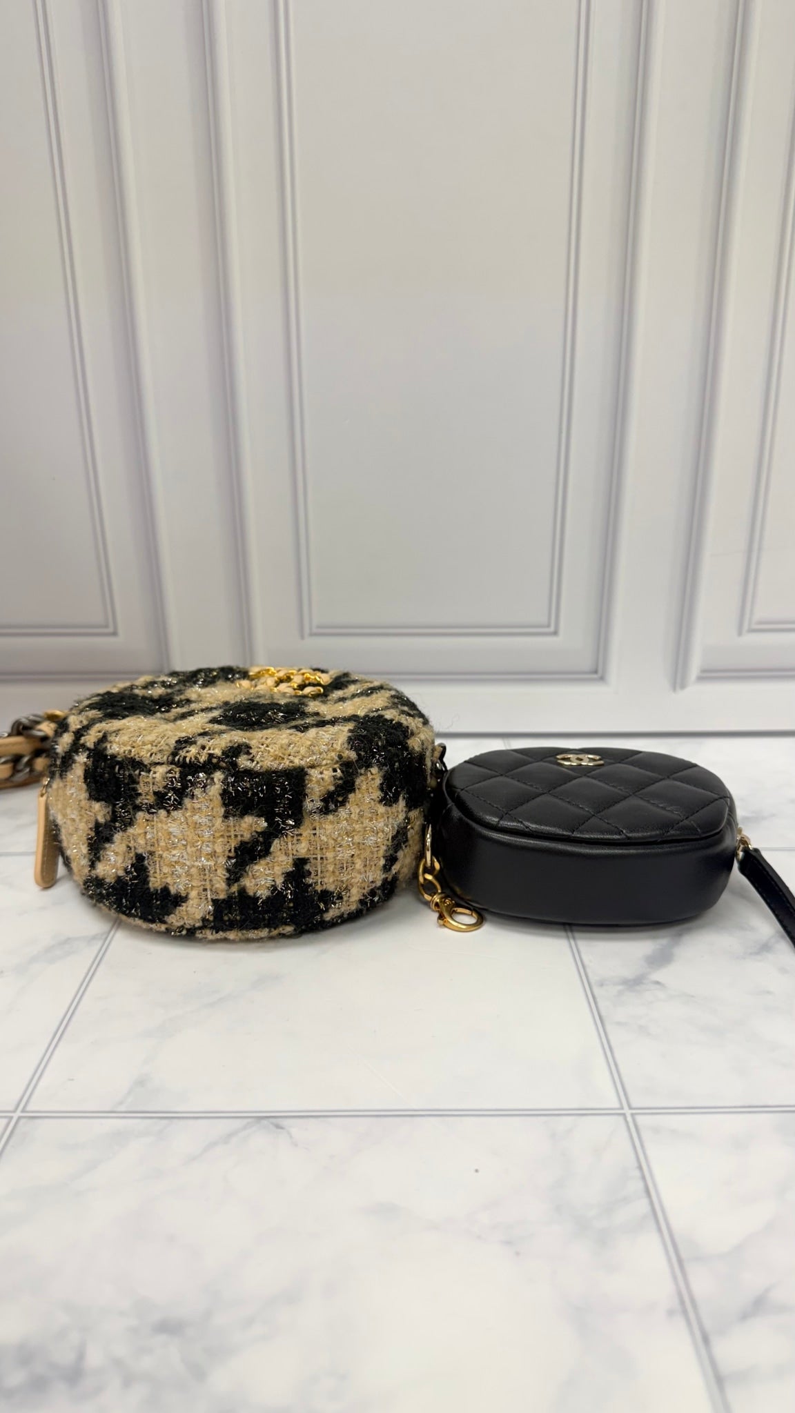 Chanel Beige And Black Quilted Wool Round Chanel 19 And Coin Pouch Chain Crossbody