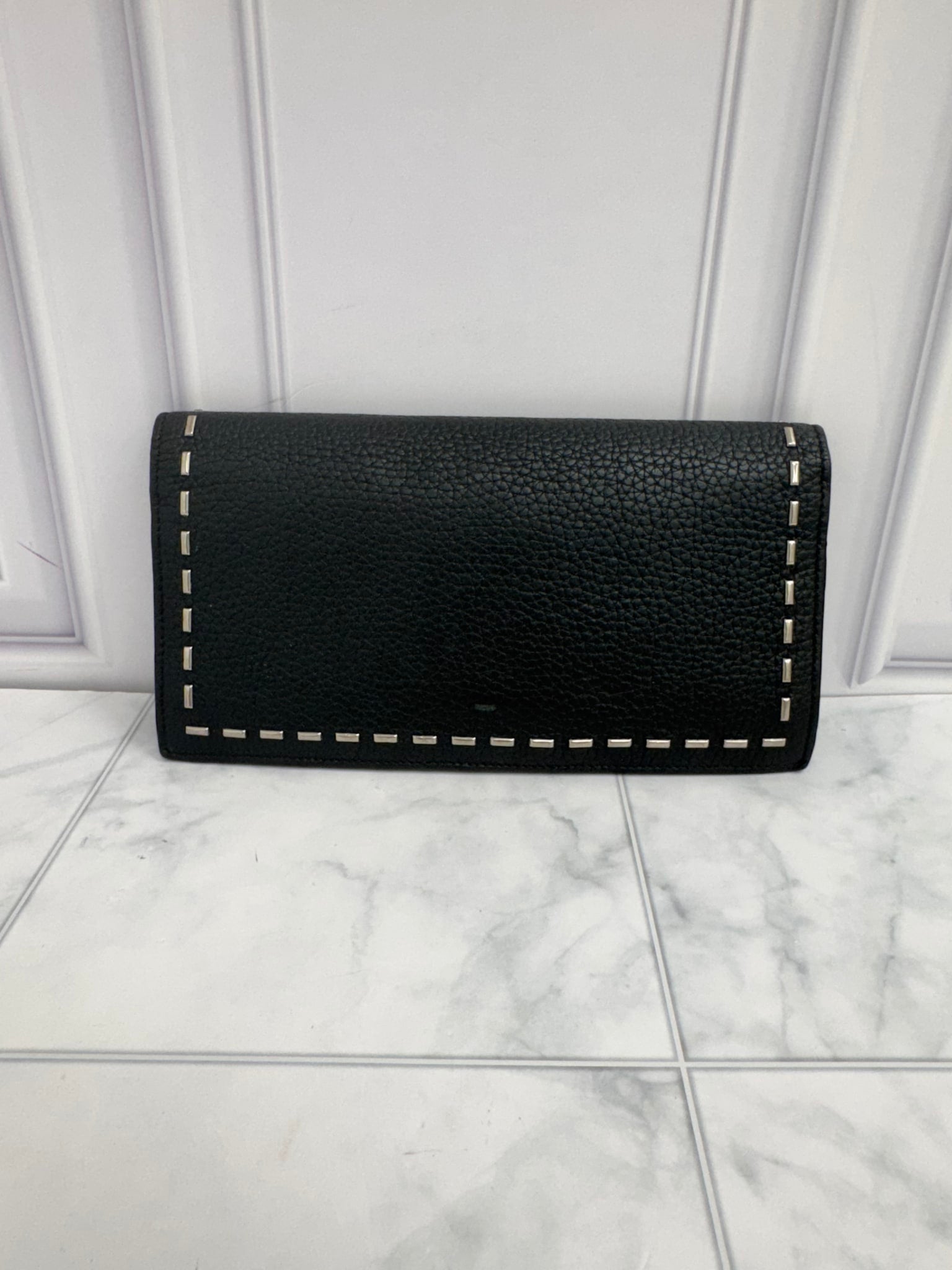 Fendi Black Grained Leather Studded Long Wallet