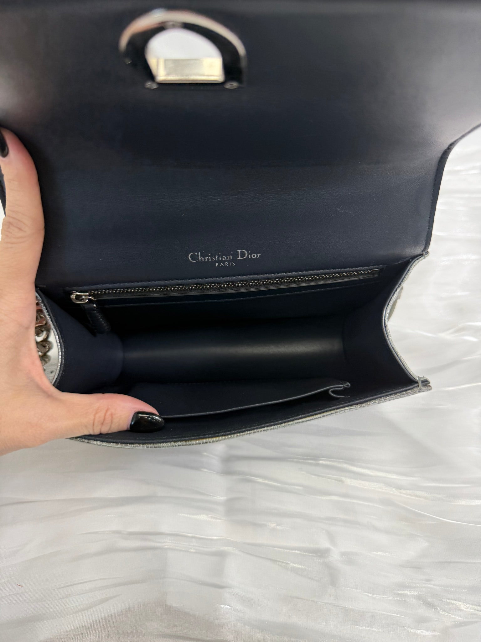 Christian Dior Metallic Silver Lizard Embossed Small Diorama Flap Bag