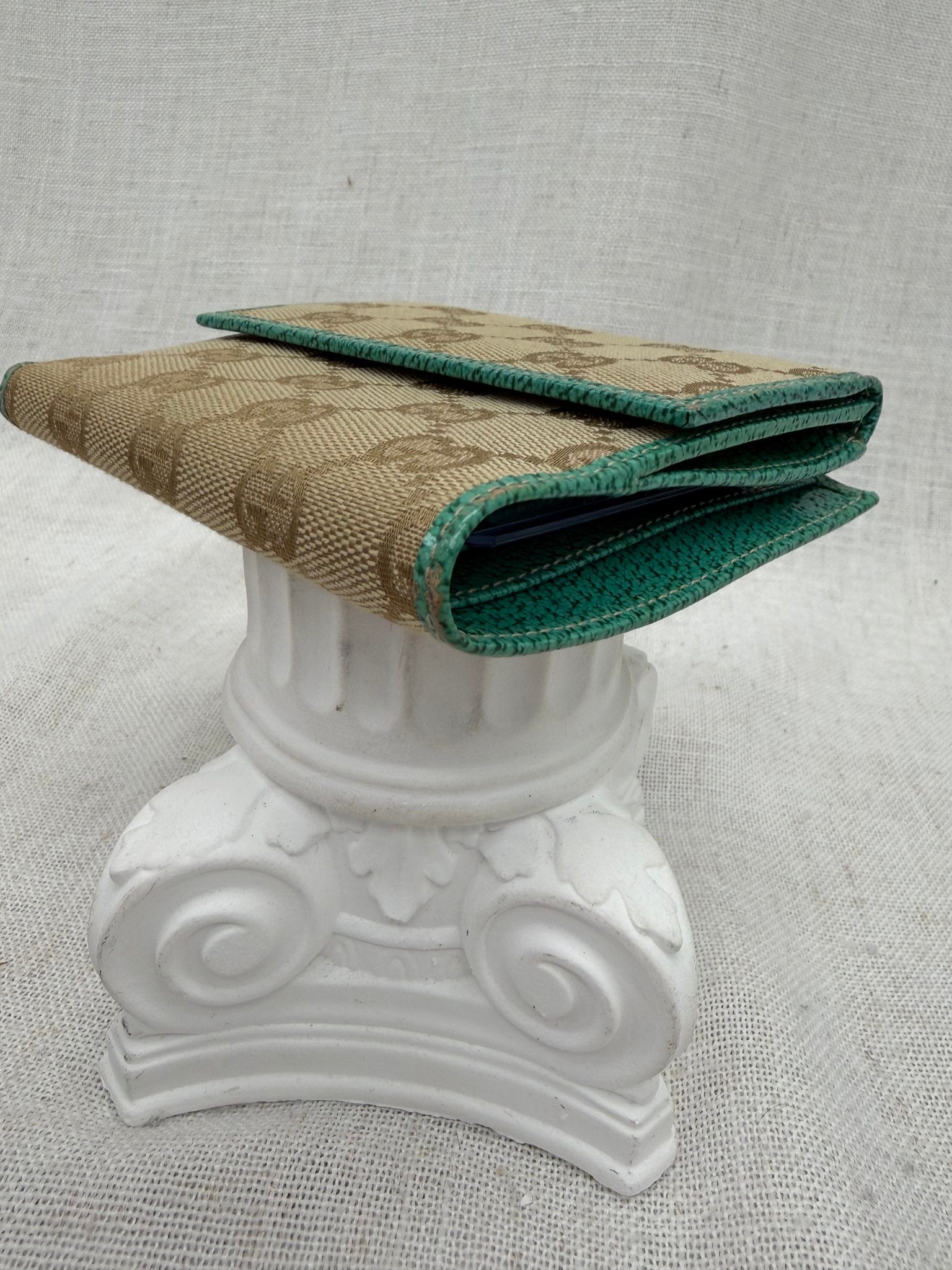 Gucci Tan GG Canvas & Teal Leather Compact Wallet