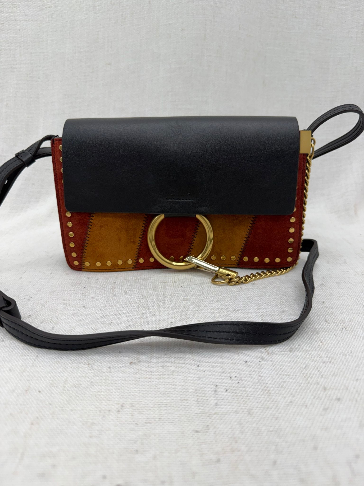 Chloe Tricolor Patchwork Suede & Leather Studded Faye Shoulder Bag