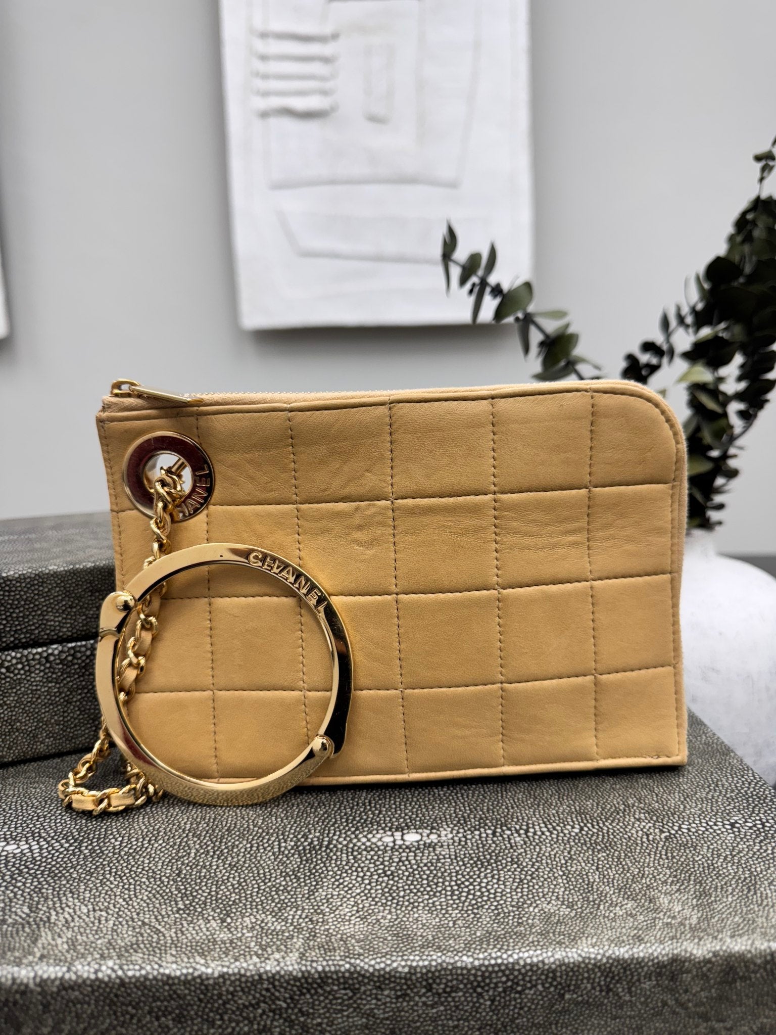 Chanel Beige Quilted Chocolate Bar Handcuff Wristlet Clutch Bag