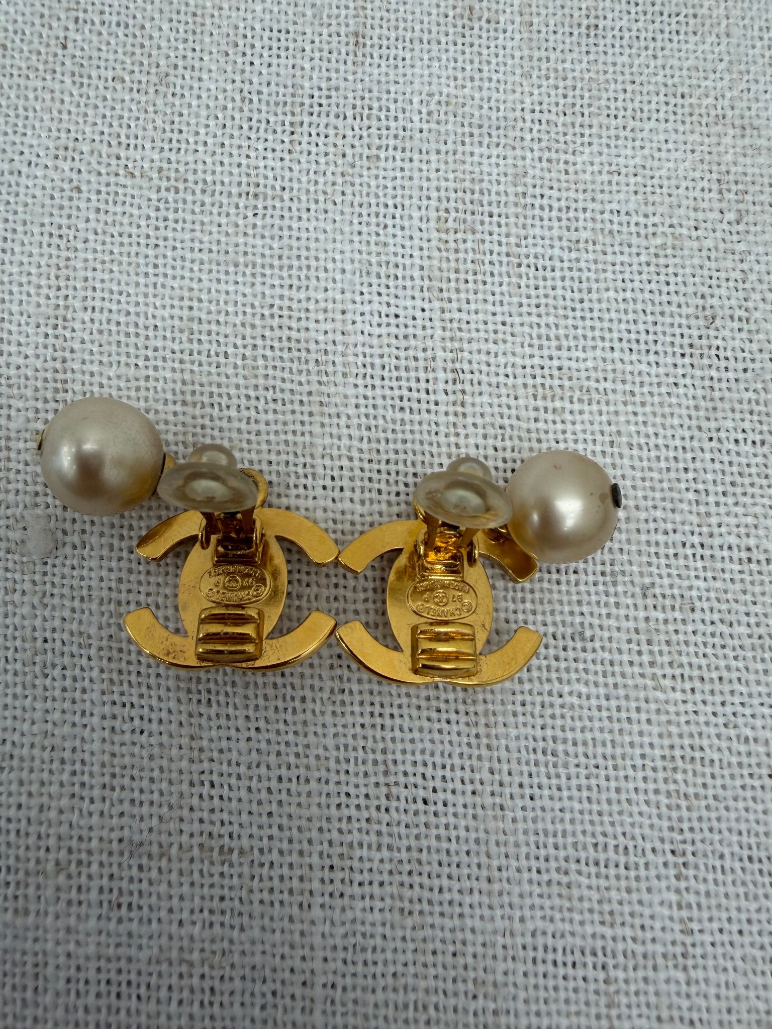Chanel Vintage Gold Tone & Faux Pearl Turn Lock Clip On Earrings