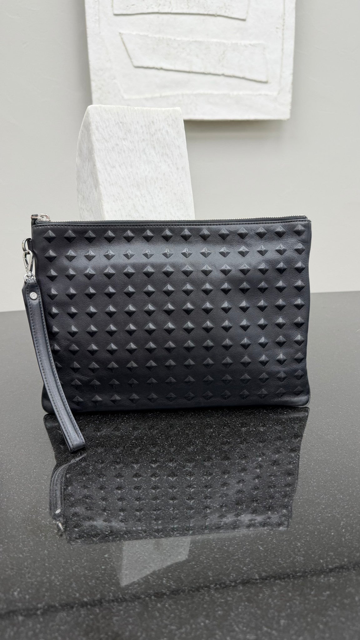 MCM Black Studded Embossed Leather & Coated Canvas Wristlet