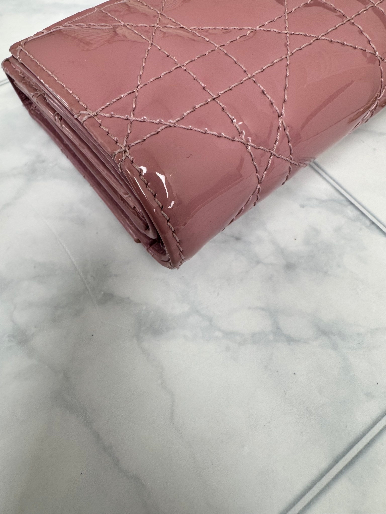 Christian Dior Pink Quilted Patent Leather Lotus Compact Wallet