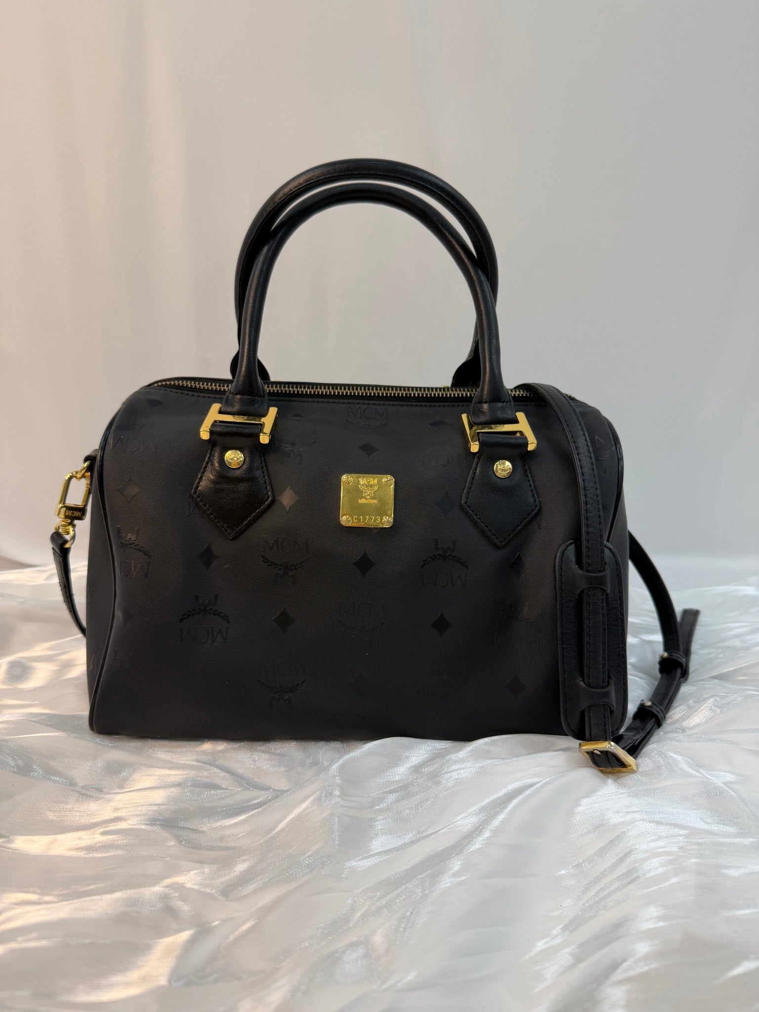 MCM Black Coated Canvas Boston Bag