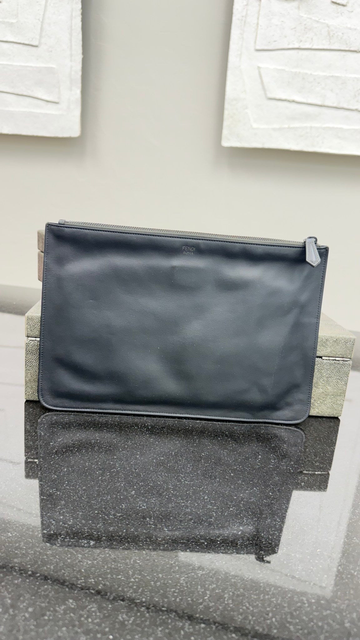 Fendi Black & Grey Leather Monsters Eyes Clutch
