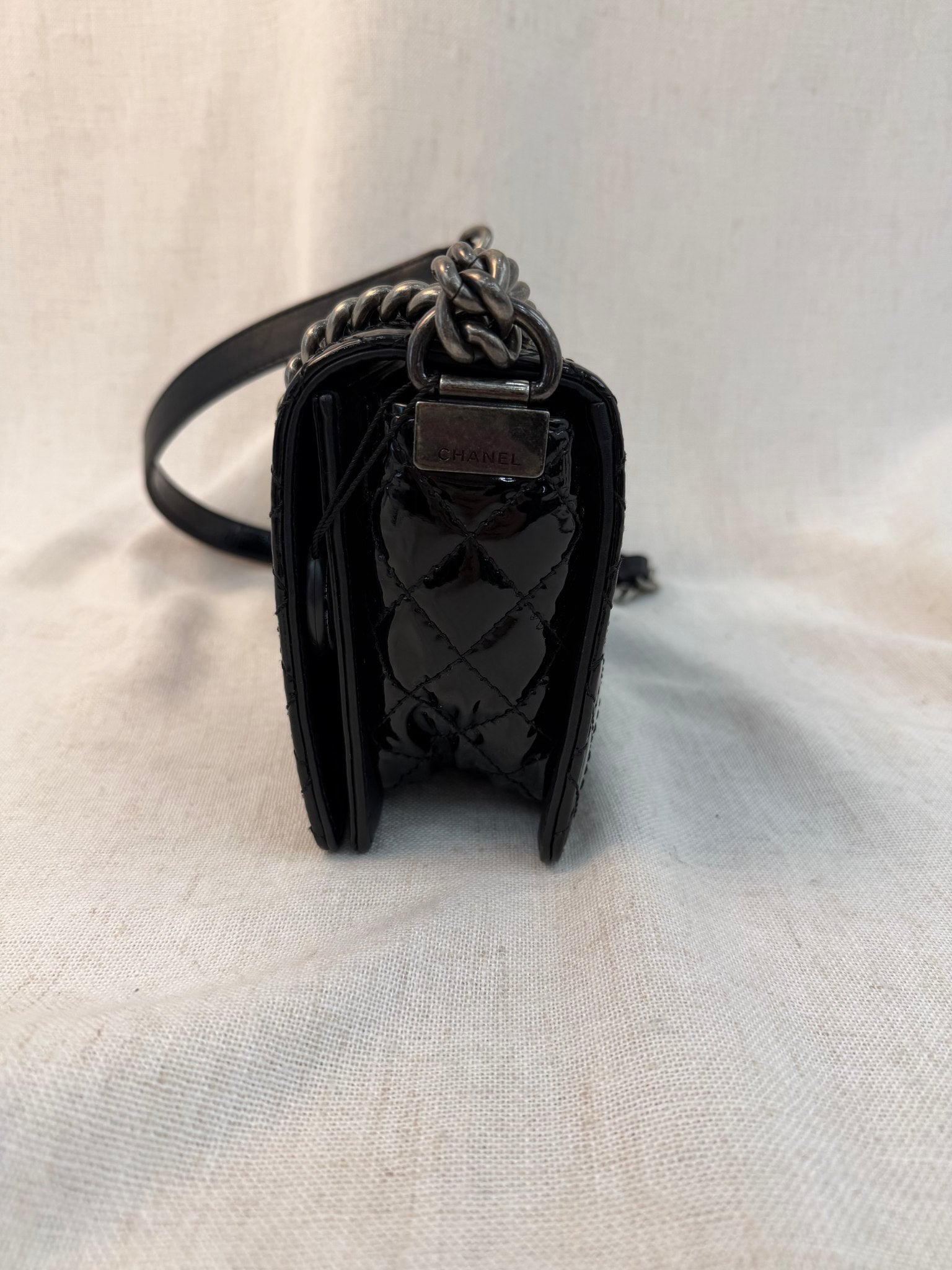 Chanel Black Patent Leather Medium Boy Bag