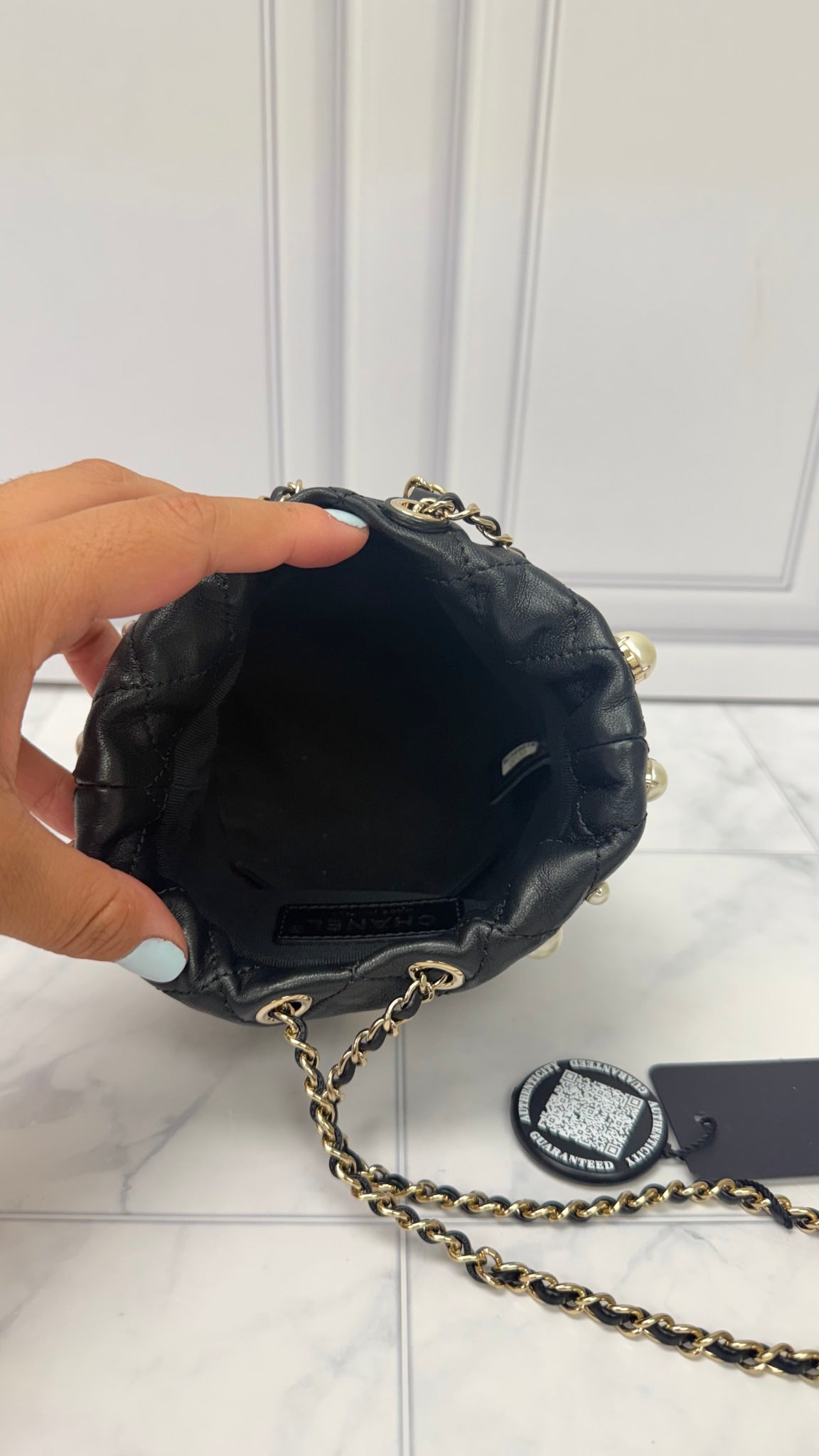 Chanel Black Quilted Lambskin Pearl Mini Bucket Bag