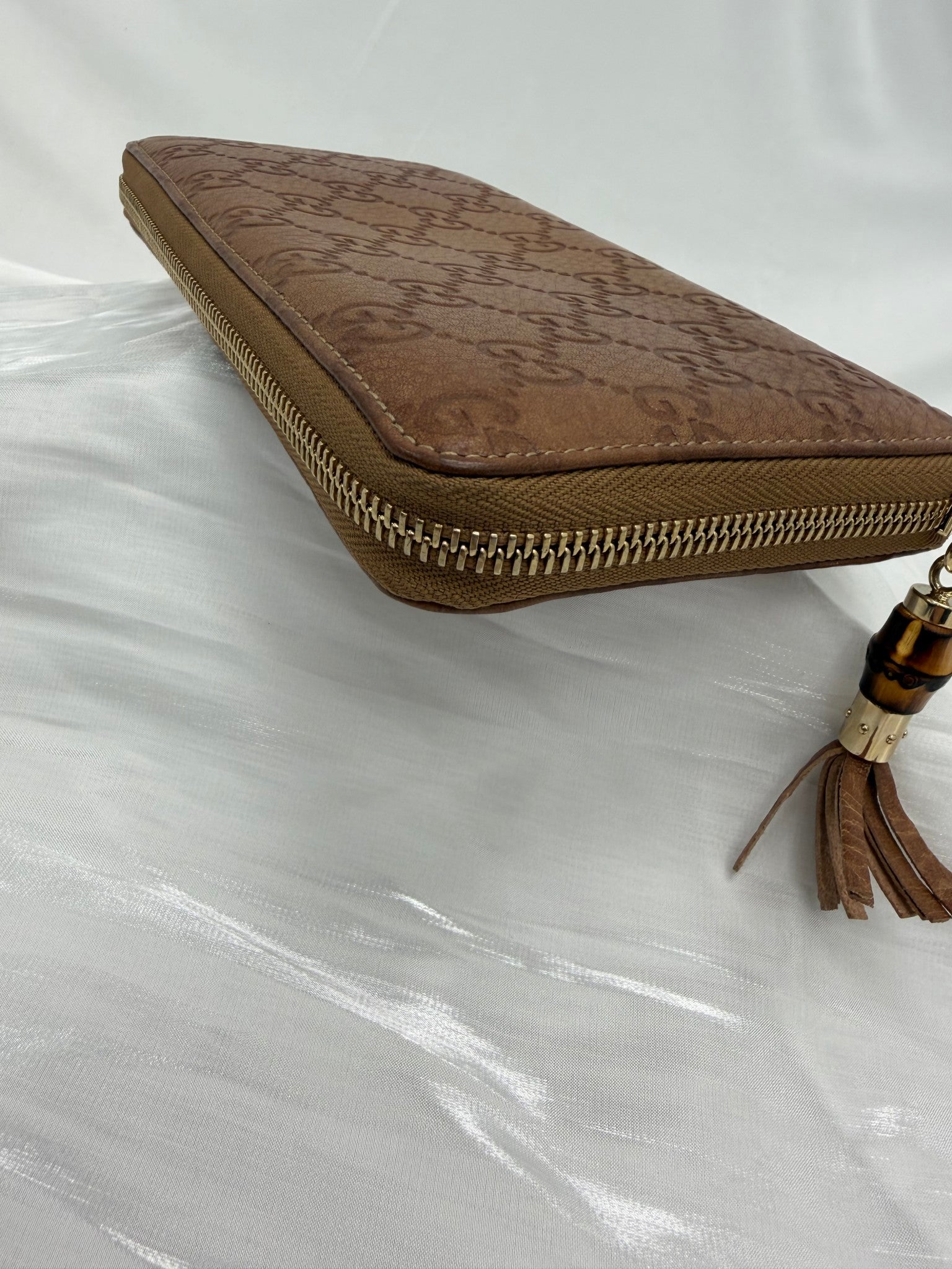 Gucci Brown Guccissima Leather Bamboo Zippy Travel Wallet