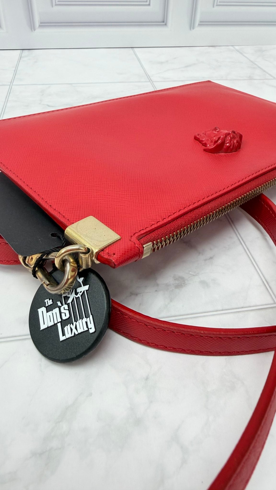 Versace Red Leather Monochrome Medusa Wristlet Crossbody