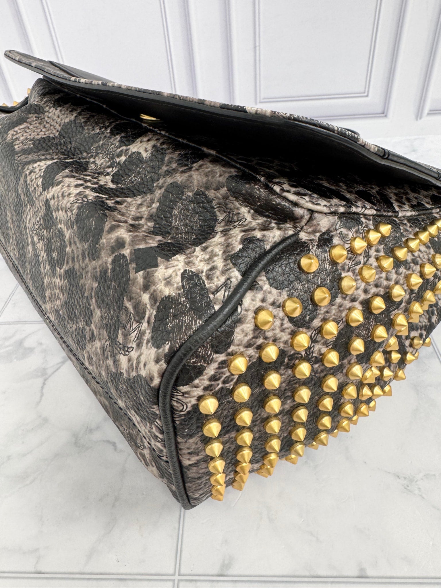 MCM Black & Leopard Print Leather Studded Crossbody Bag