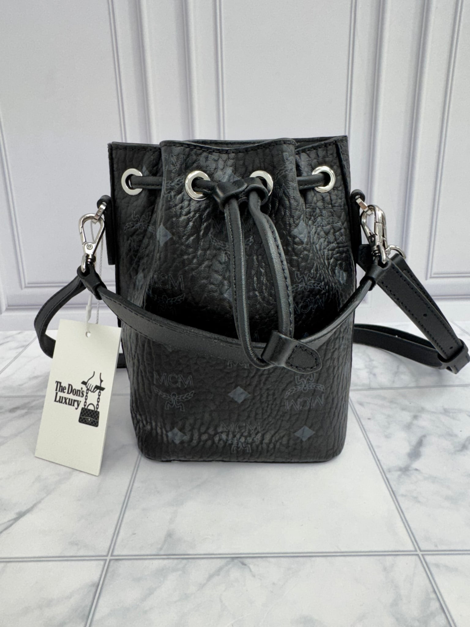 MCM Black Visetos Leather Panda Drawstring Bucket Bag