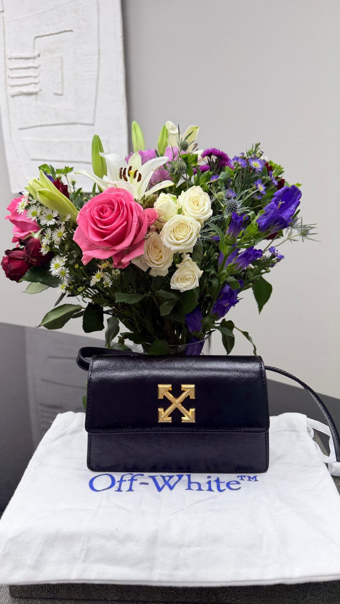 Off White Black Leather Crossbody