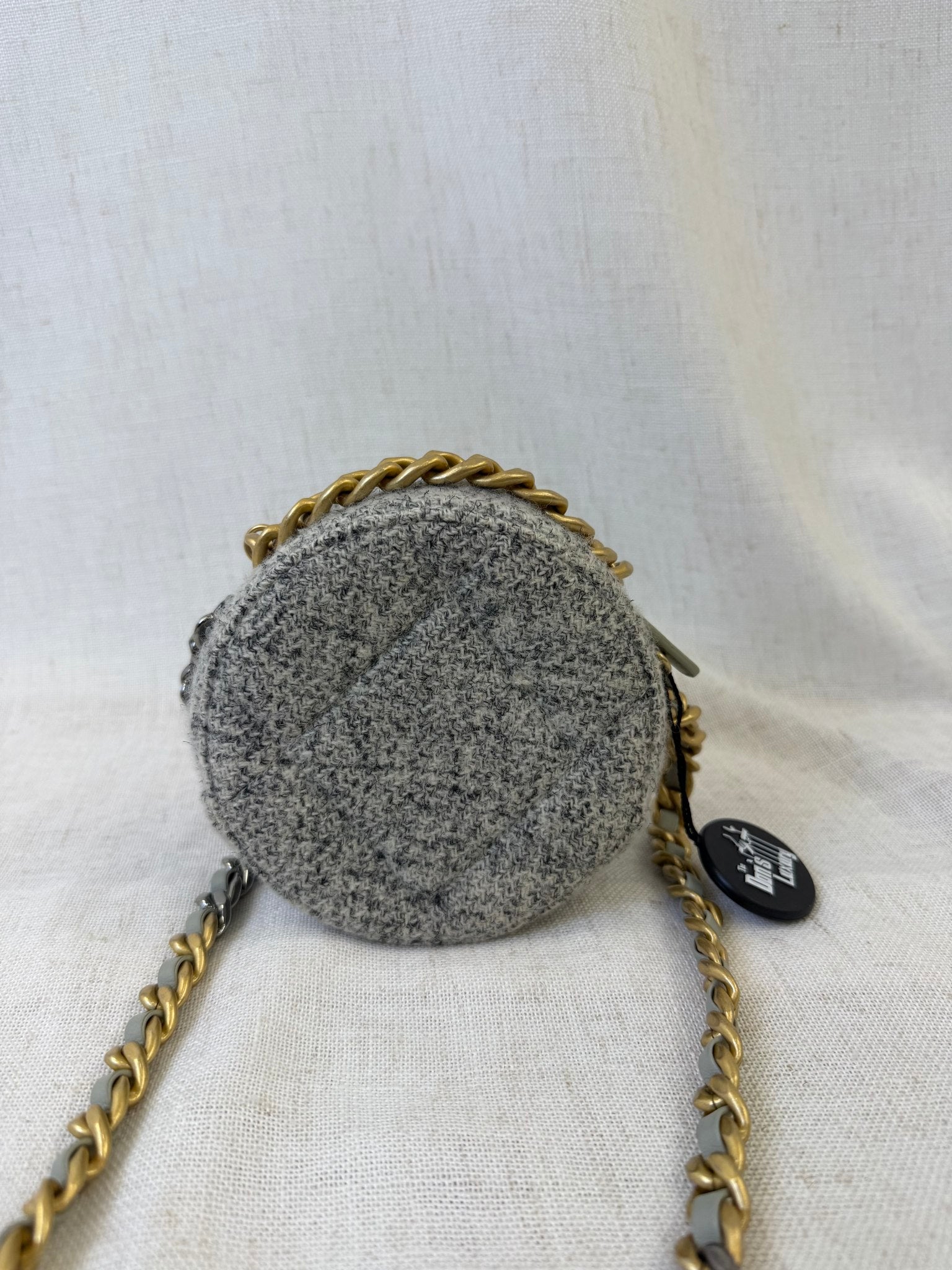 Chanel Gray Tweed 19 Quilted Round Clutch Bag
