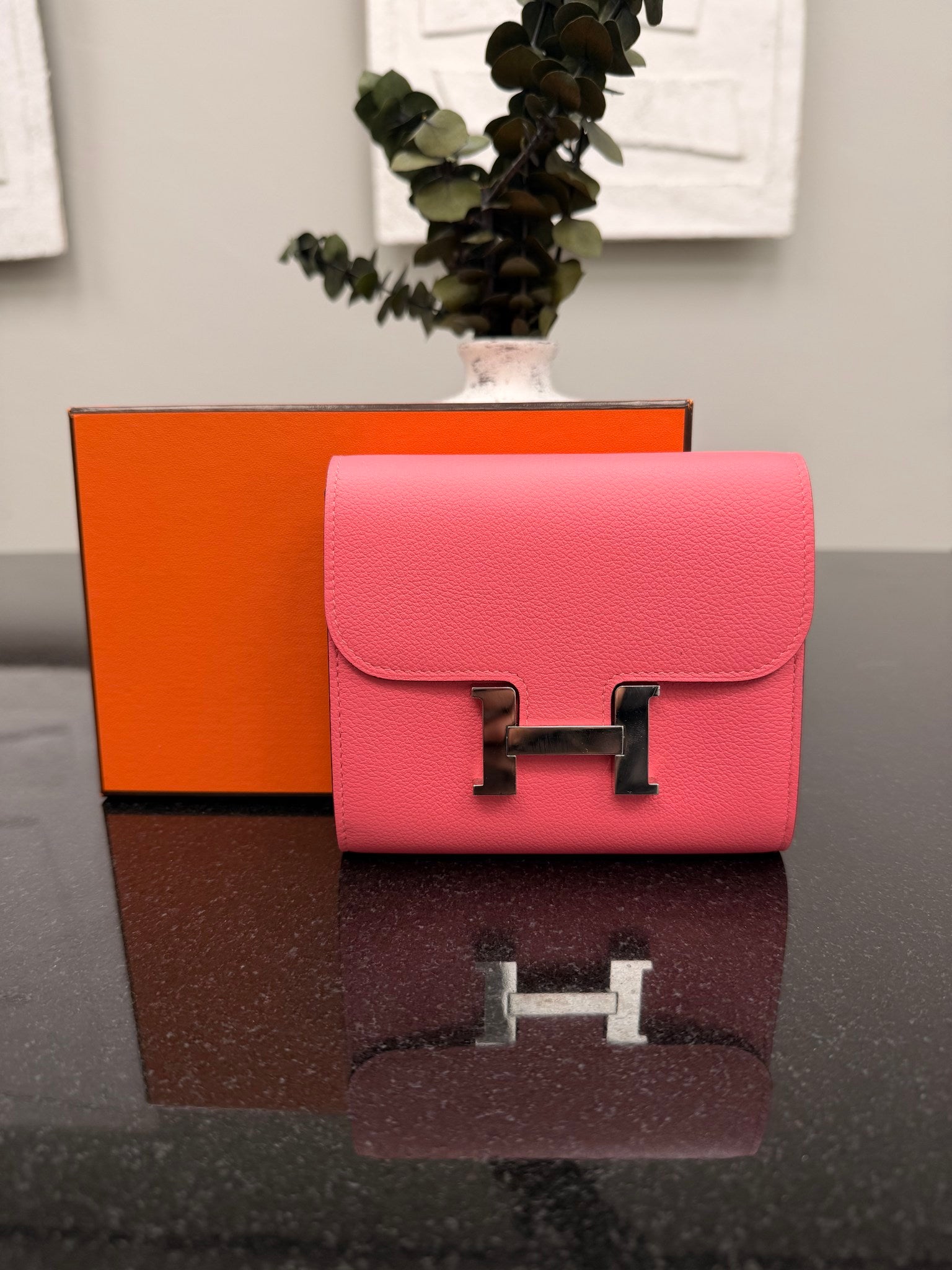 Hermes Pink Constance Leather Compact Wallet