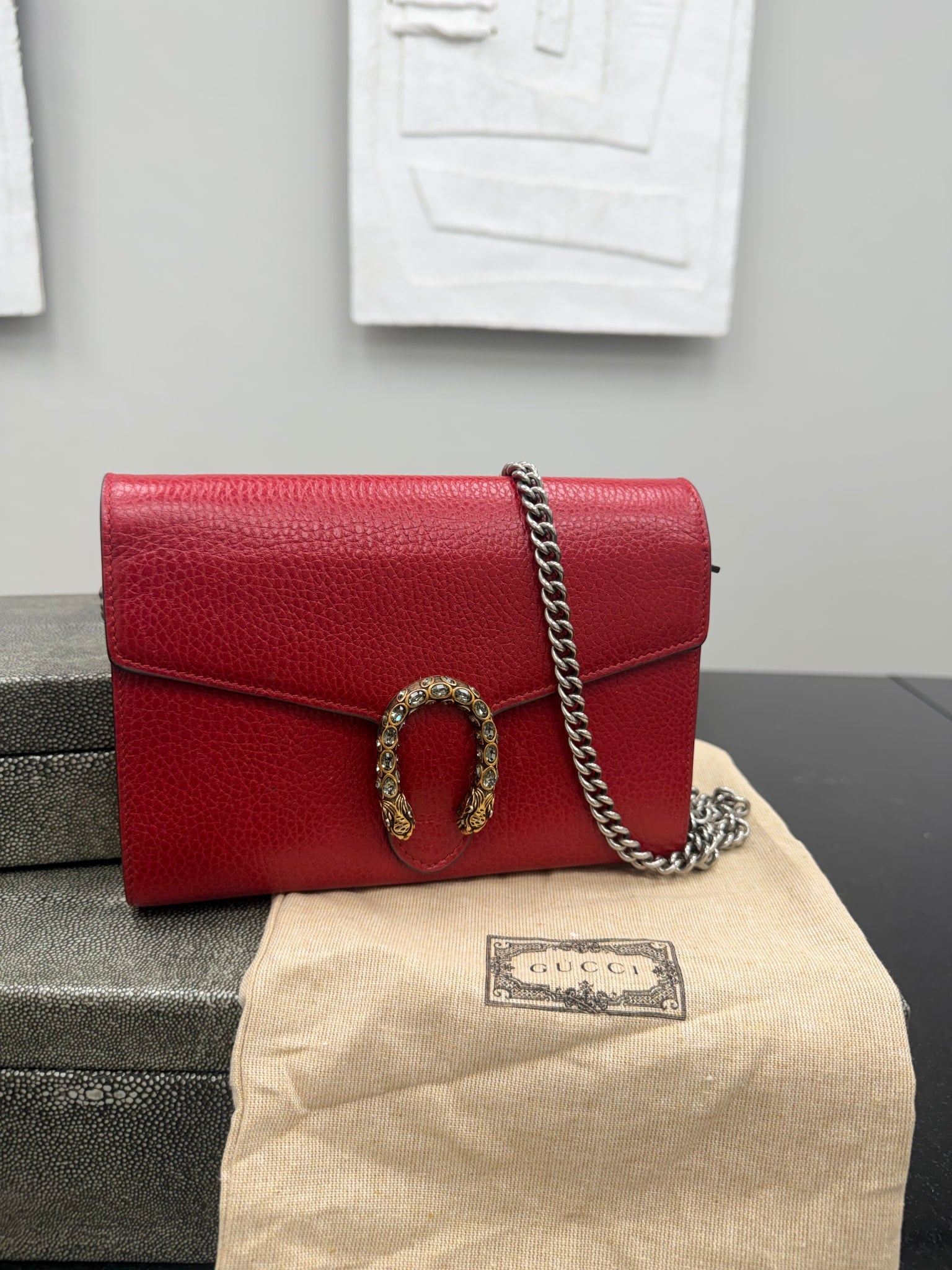 Gucci Red Grained Leather Dionysus Wallet On A Chain