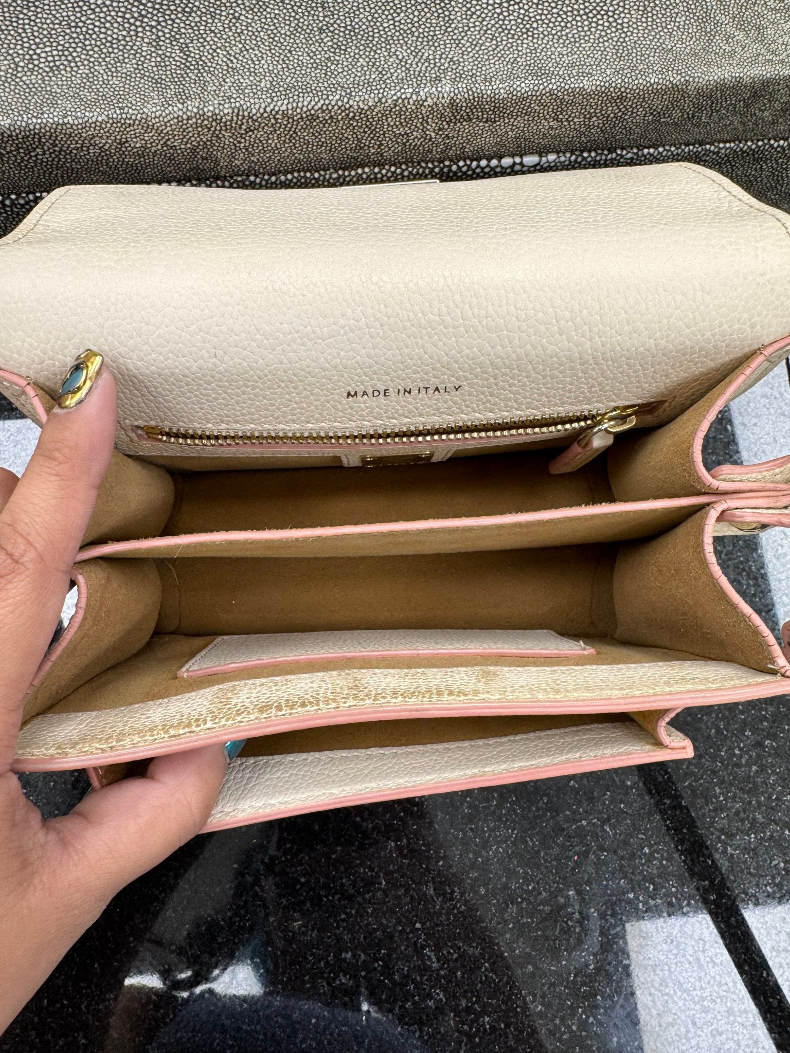 MCM Beige Studded Pebbled Leather Crossbody Bag