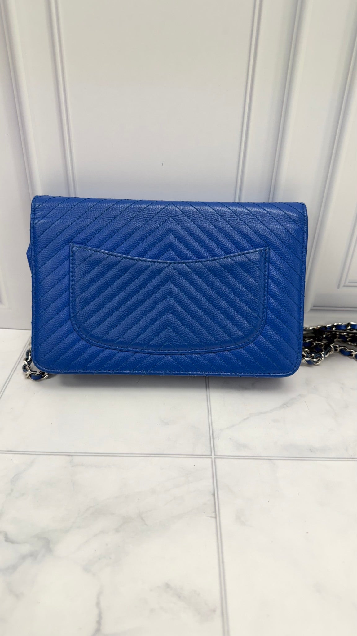 Chanel Royal Blue Quilted Chevron Caviar Leather Wallet on a Chain