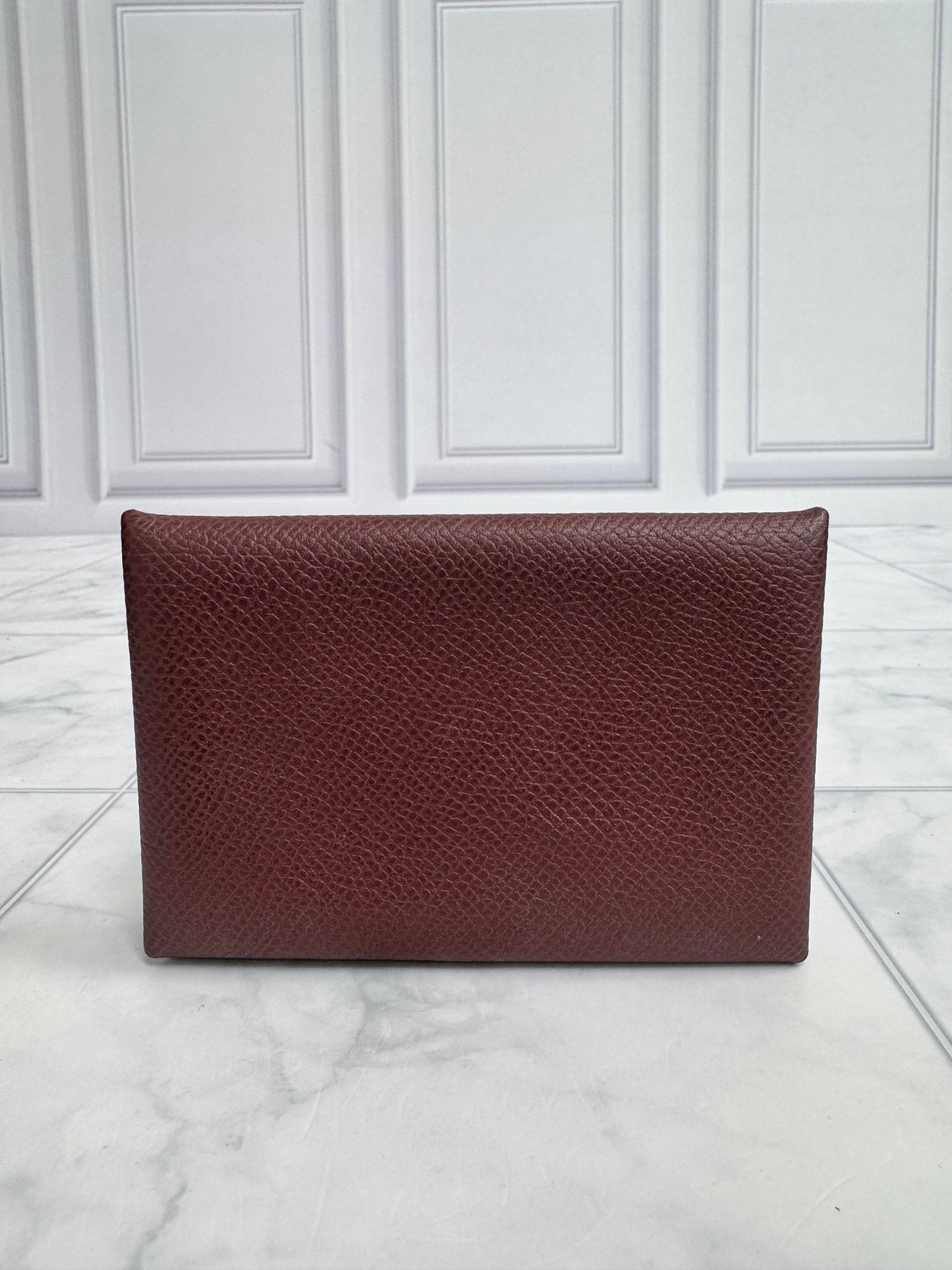 Hermes Burgundy Grained Leather Calvi Card Holder