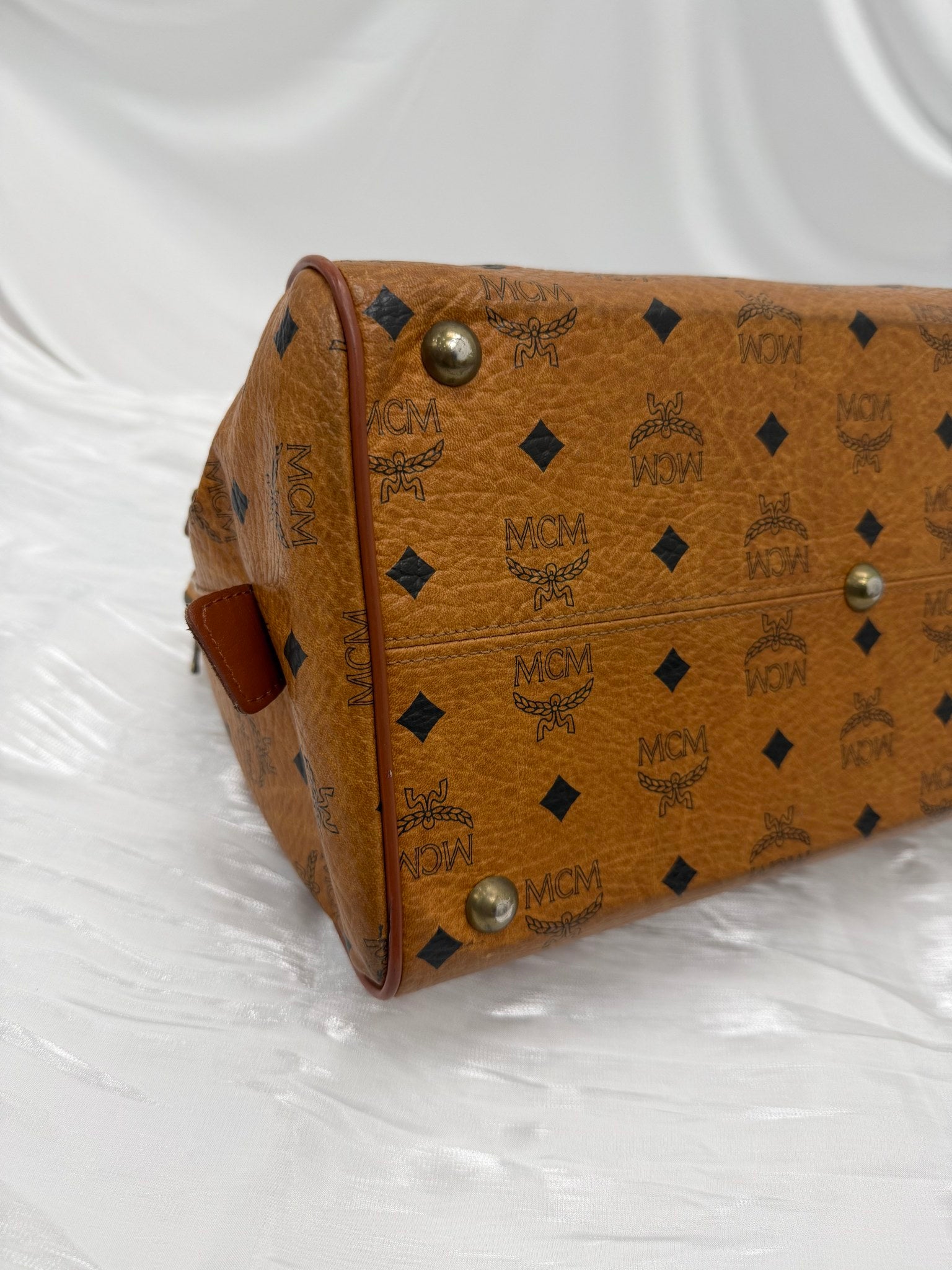 MCM Cognac Visetos Coated Canvas Boston Bag