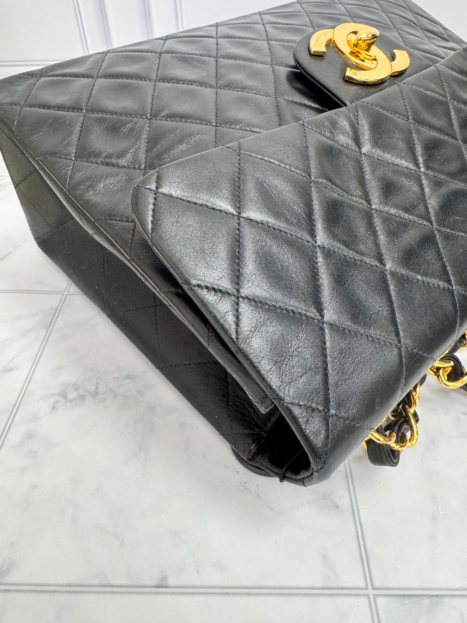 Chanel Vintage Black Quilted Calfskin Leather 24k Jumbo Classic Flap Bag