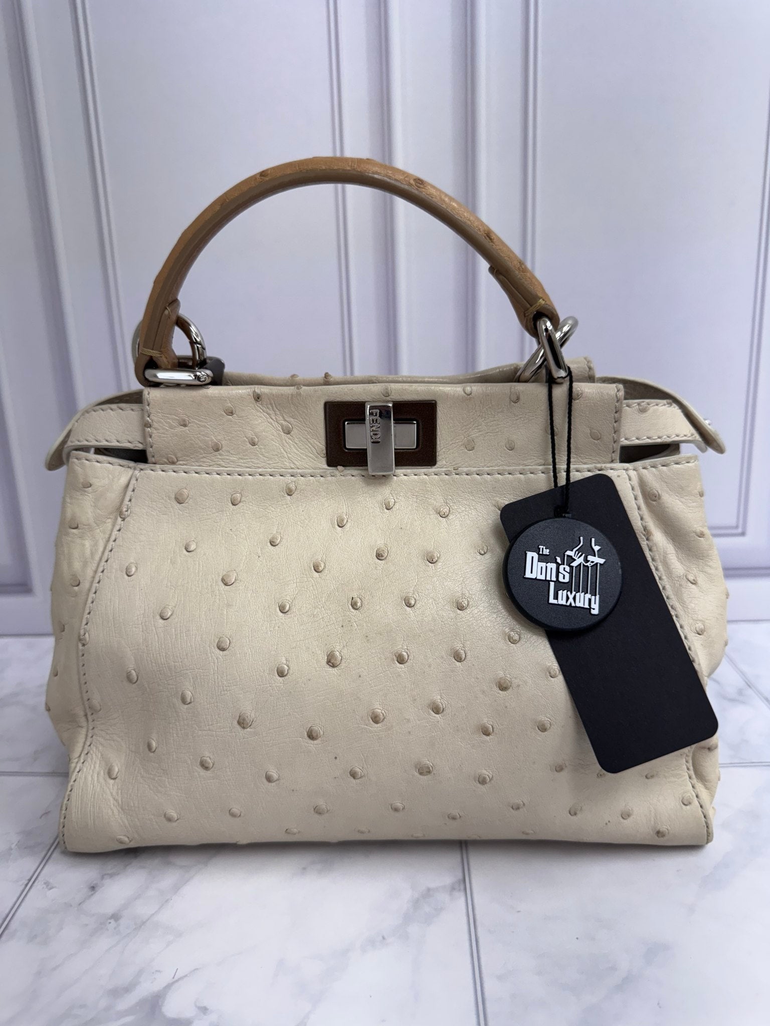 Fendi Beige Ostrich Peekaboo Iconic Mini 2 Way Bag