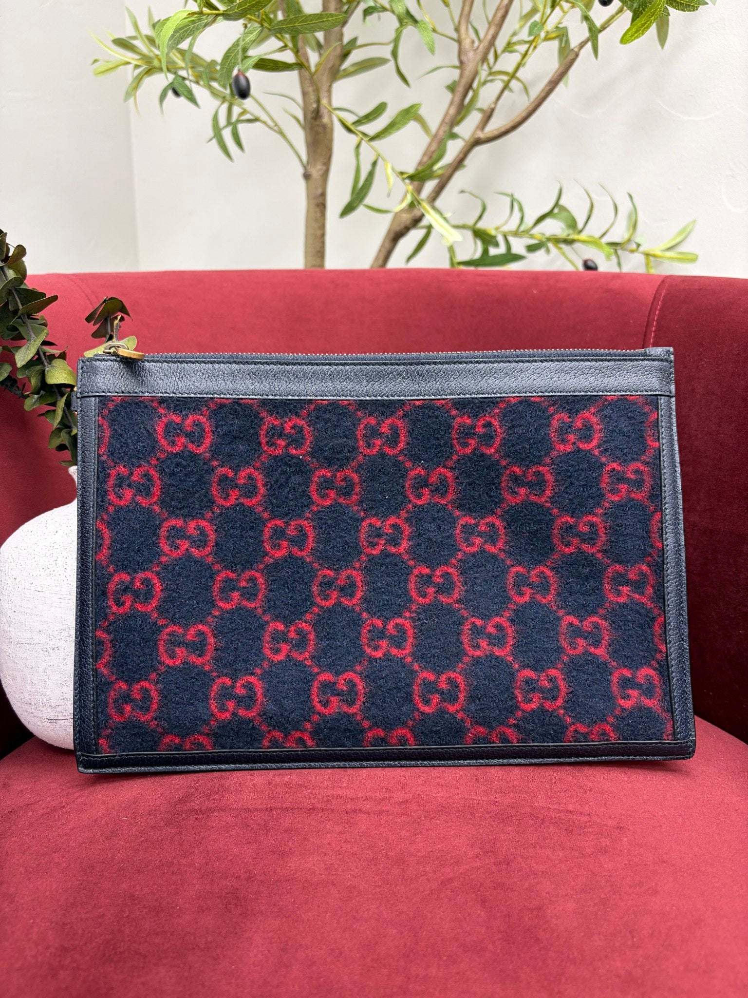 Gucci Navy & Red GG Wool & Leather Zipper Pouch