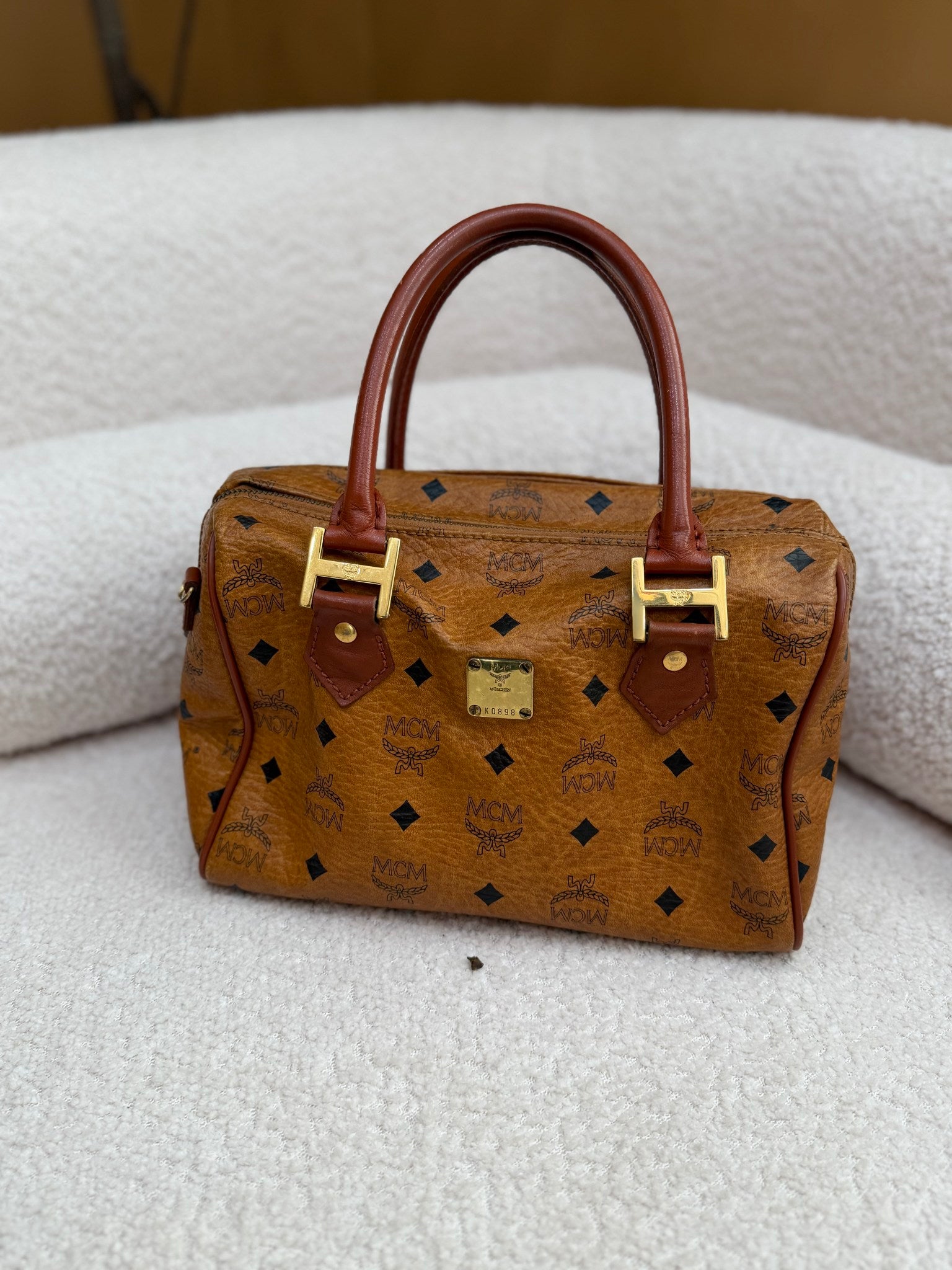 MCM Cognac Visetos Coated Canvas Boston Bag