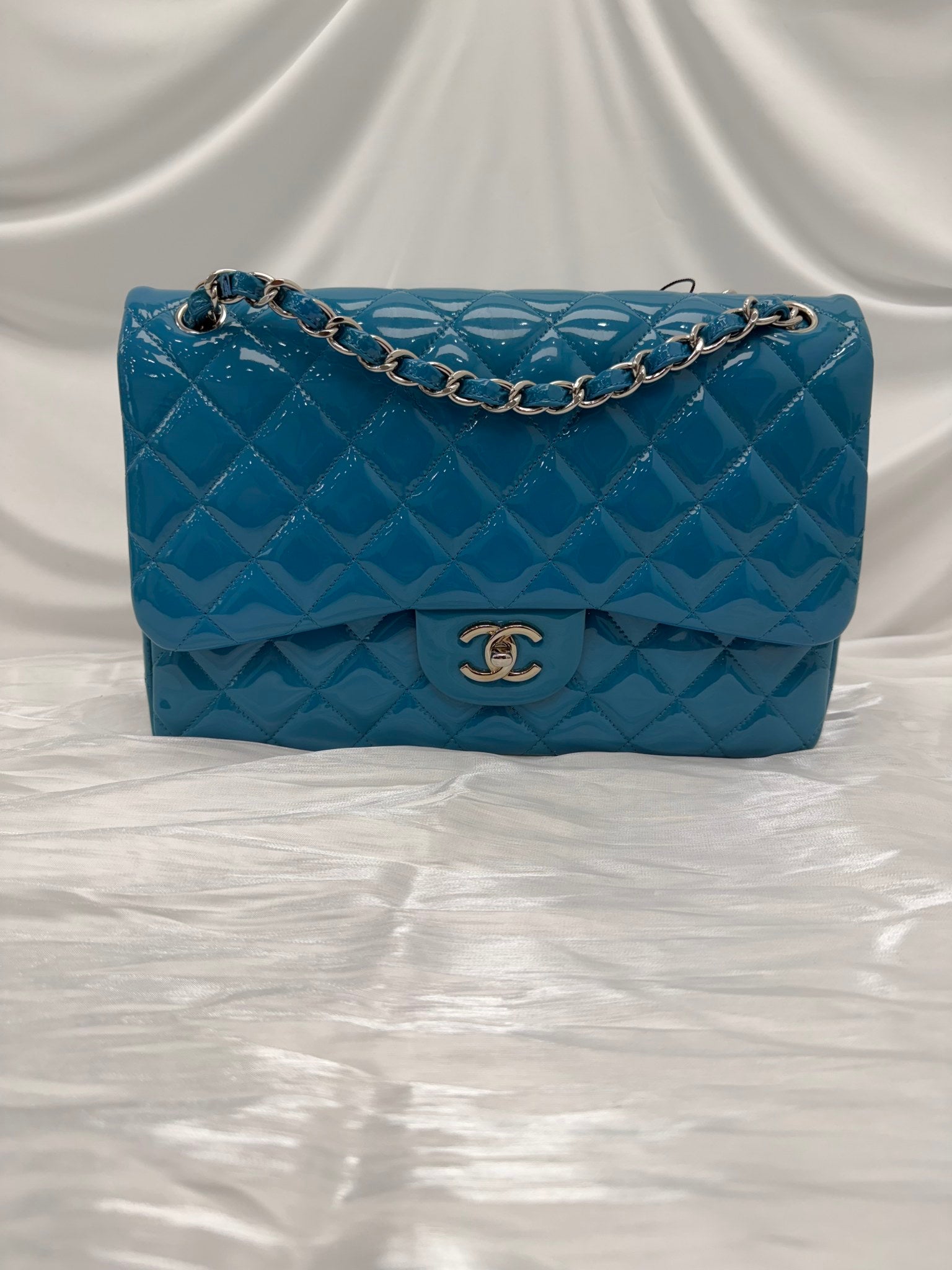 LIKE NEW- Chanel Turquoise Patent Leather Jumbo Double Flap Bag