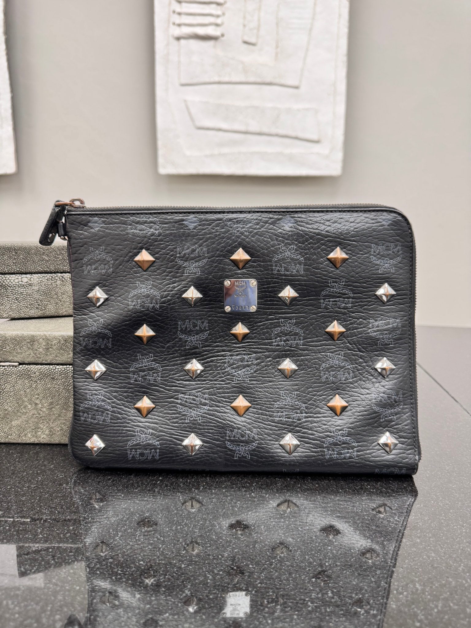 MCM Black Visetos Coated Canvas Studded Wristlet