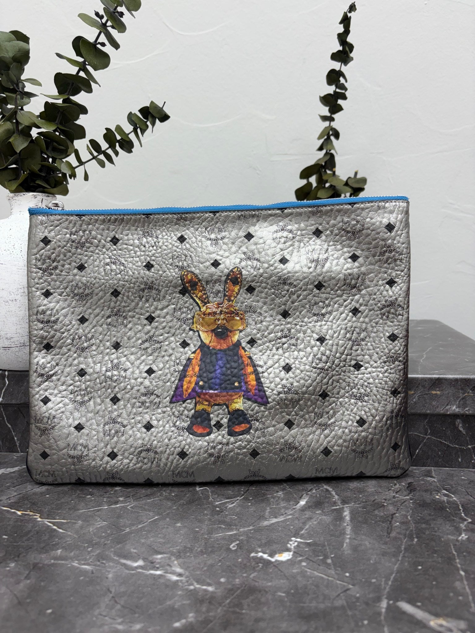 MCM Silver Visetos Bunny Print Clutch