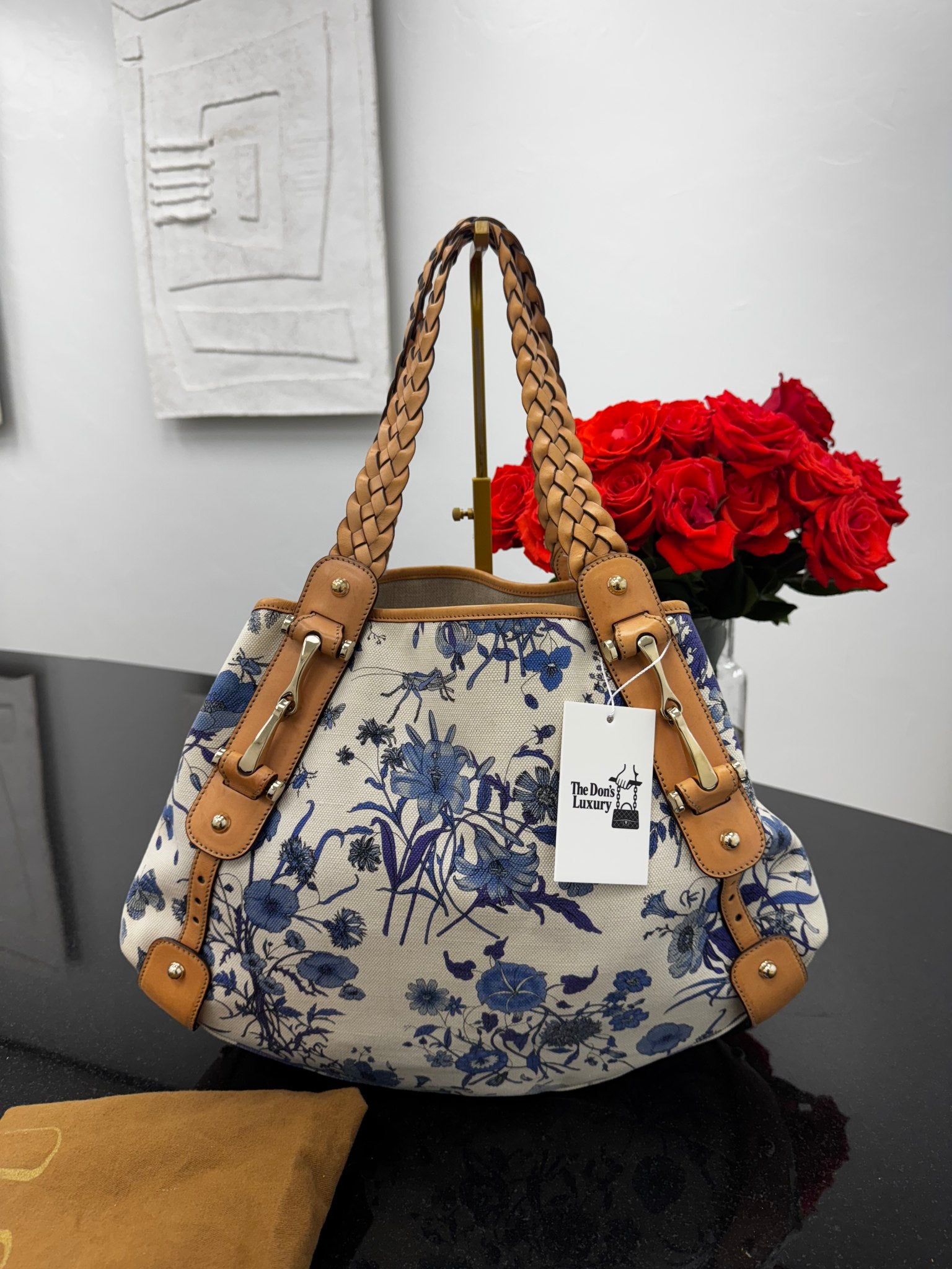 Gucci White & Blue Floral Print Canvas Pelham Large Tote Bag