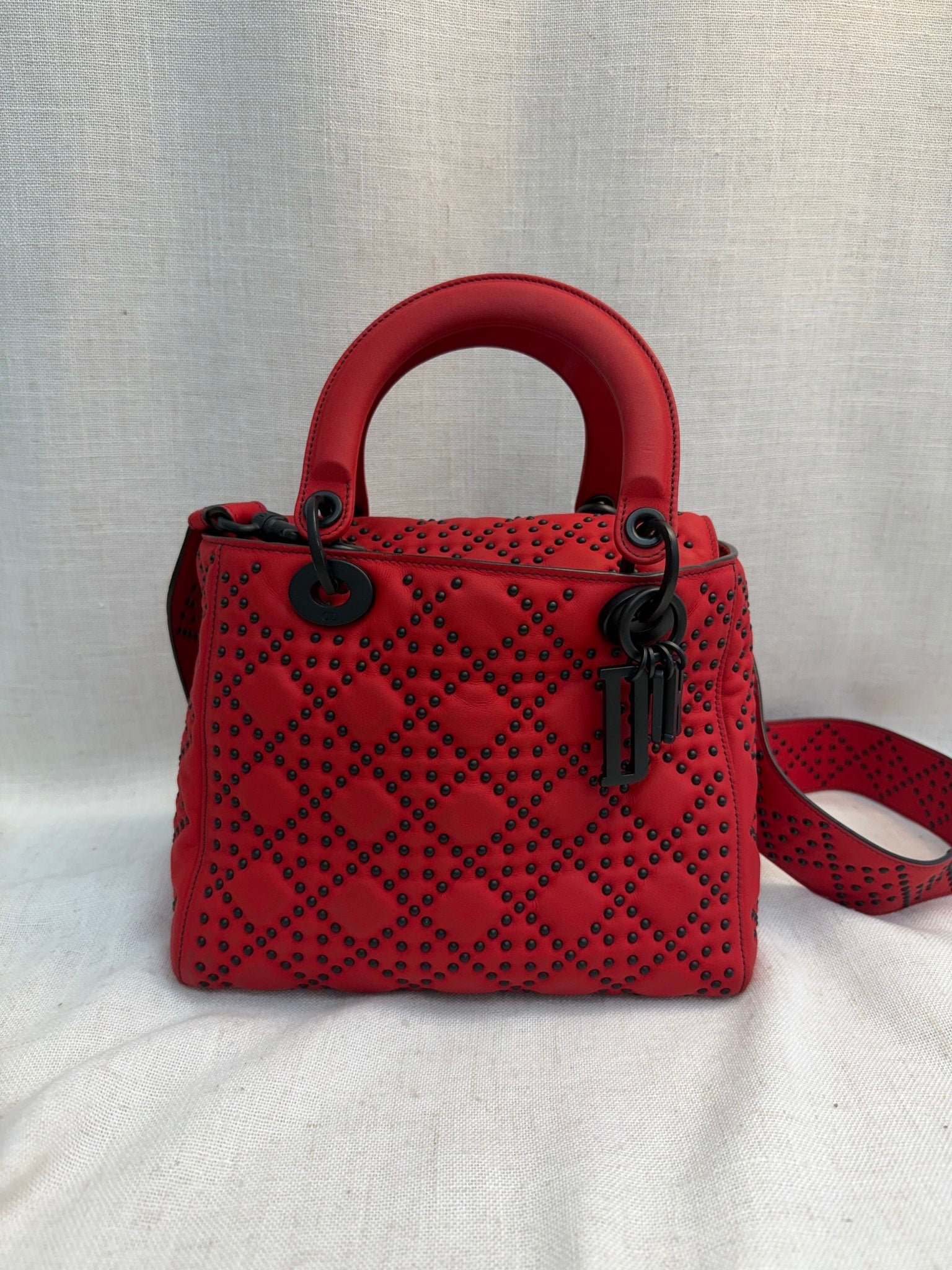 Christian Dior Red Leather Studded Cannage Medium Lady Dior Tote Bag