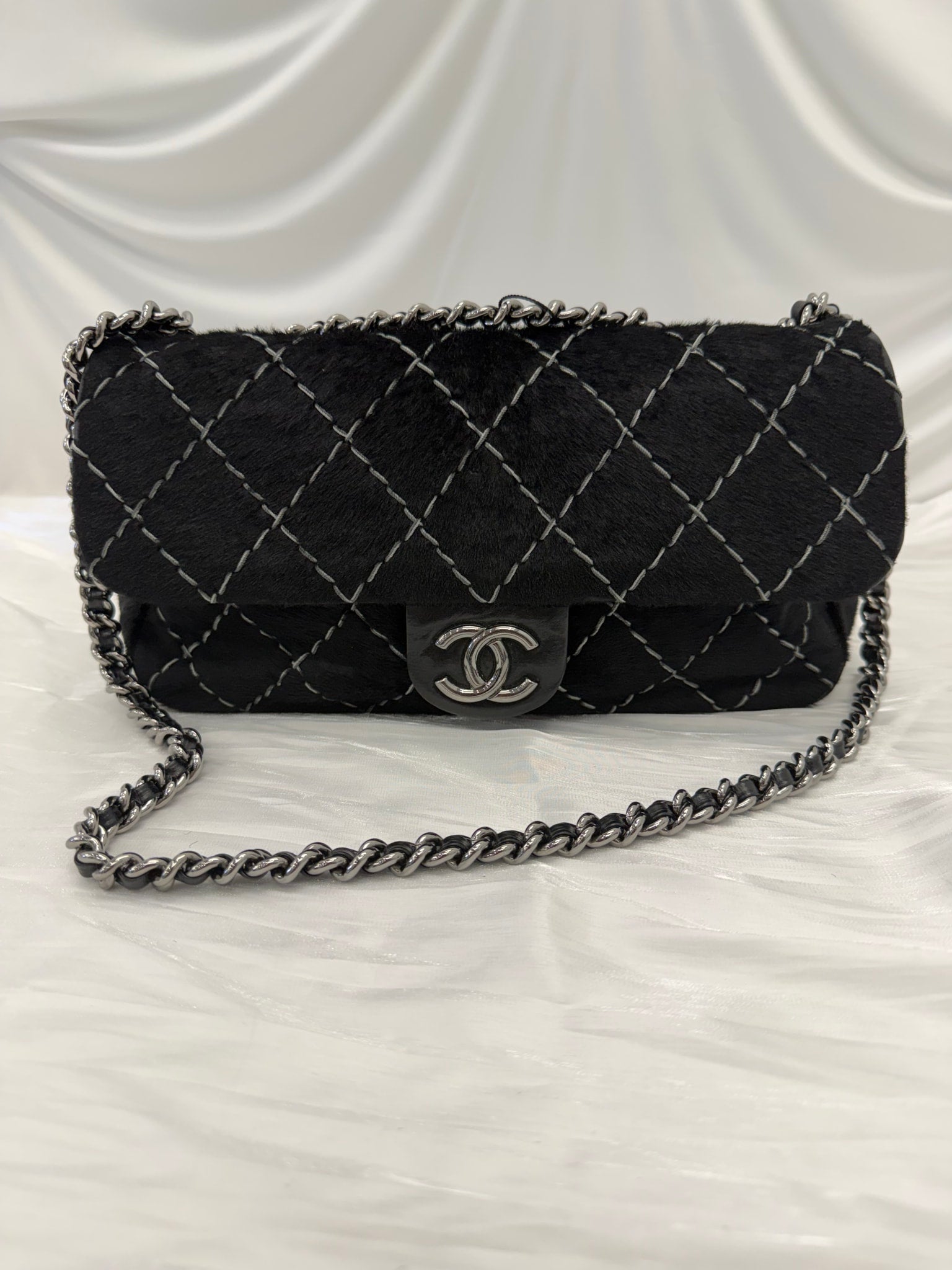 Chanel Black Ponyhair & Leather Stitched Medium Single Flap Bag