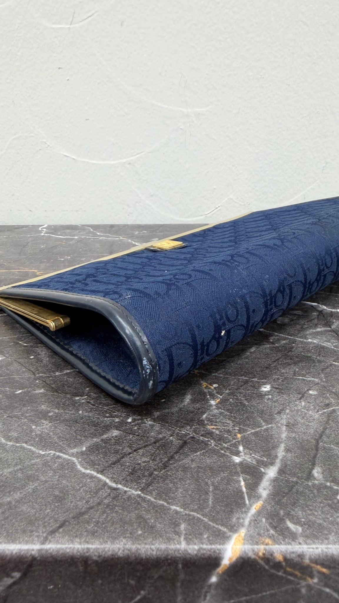 Christian Dior Vintage Blue Oblique Canvas Clasp Clutch