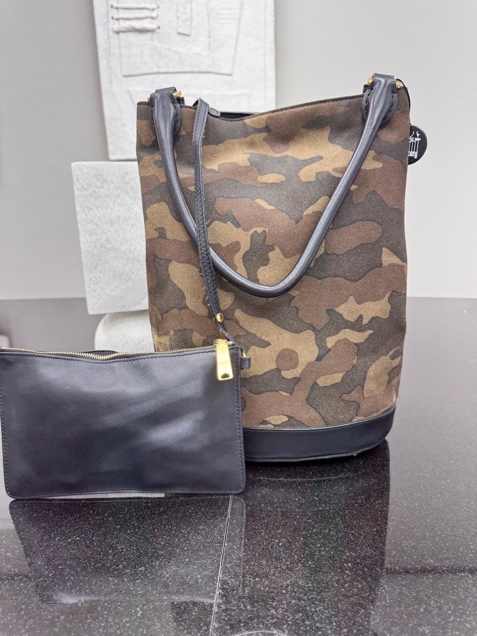 Burberry Brown Camoflauge Suede And Leather Bucket Bag