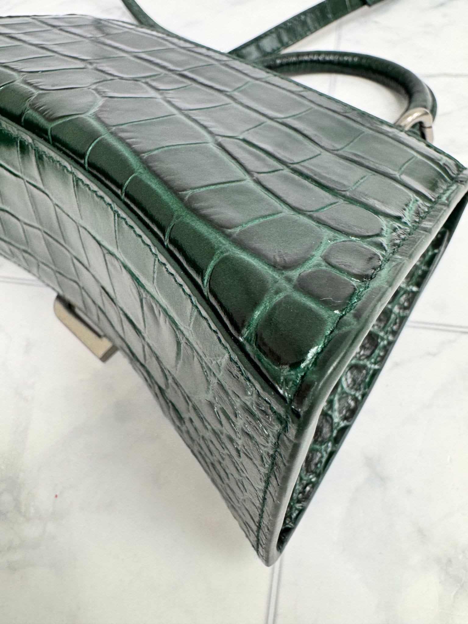 Balenciaga Dark Green Croc Embossed Leather XS Hourglass 2Way Bag