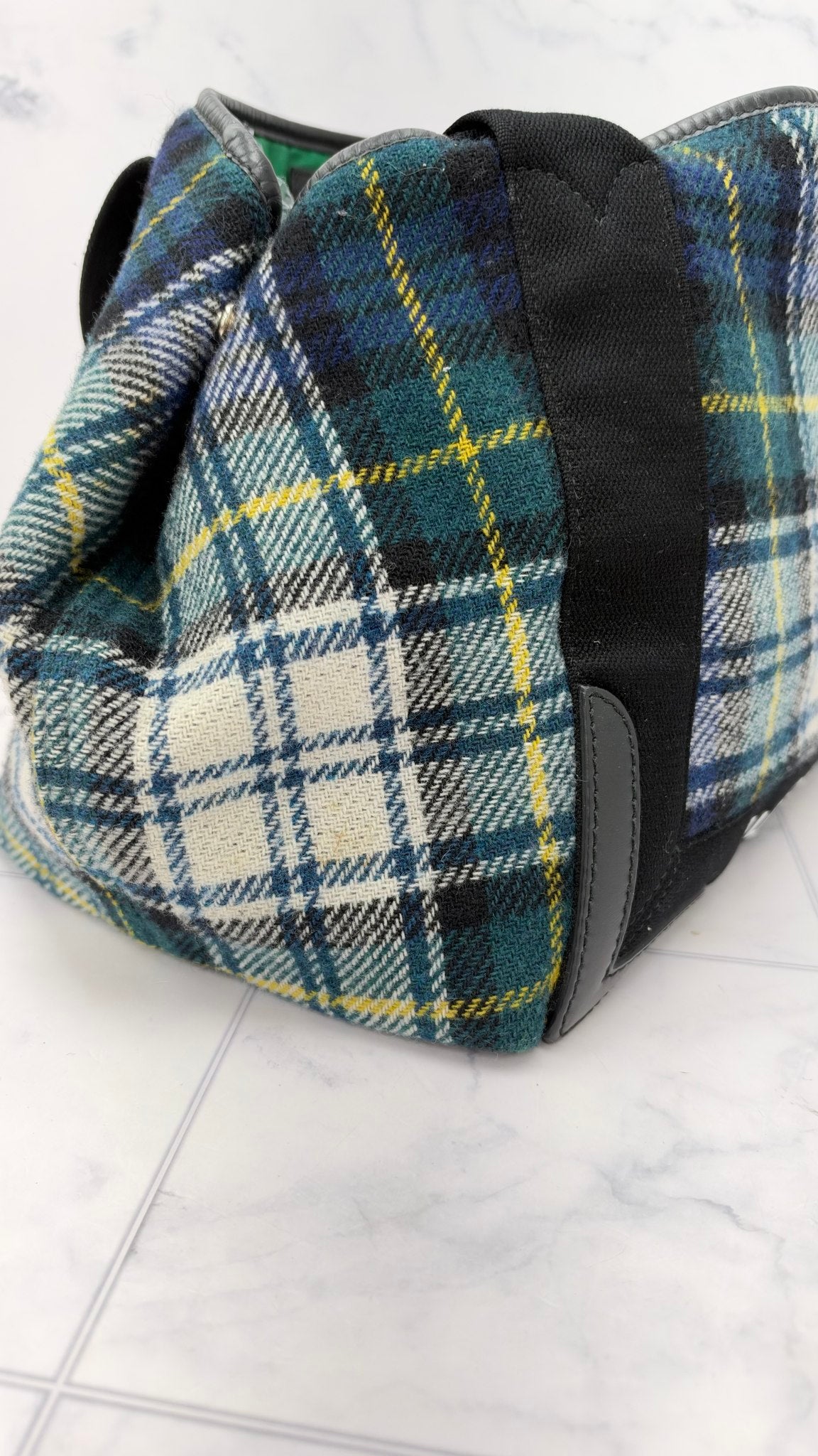 Balenciaga Green And Blue Plaid Wool Tote Bag