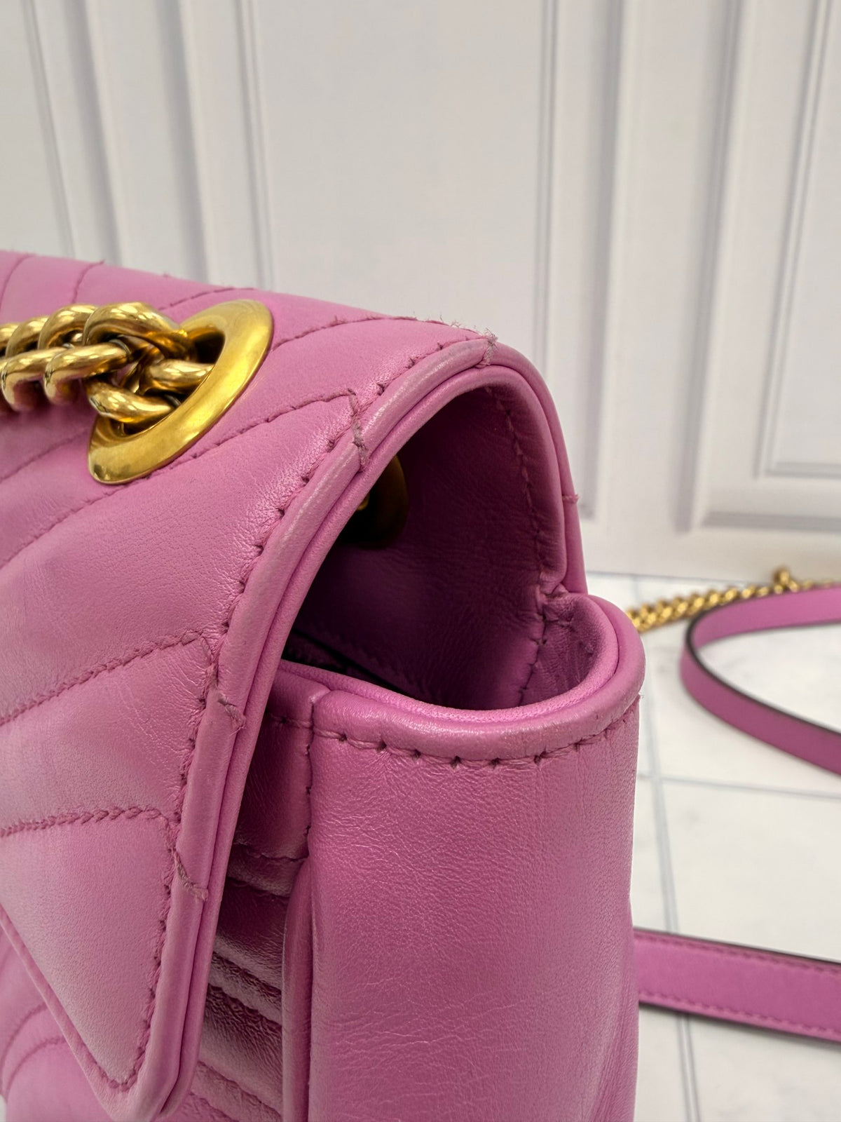 Gucci Purple Calfskin Leather Matelasse Small GG Marmont Shoulder Bag