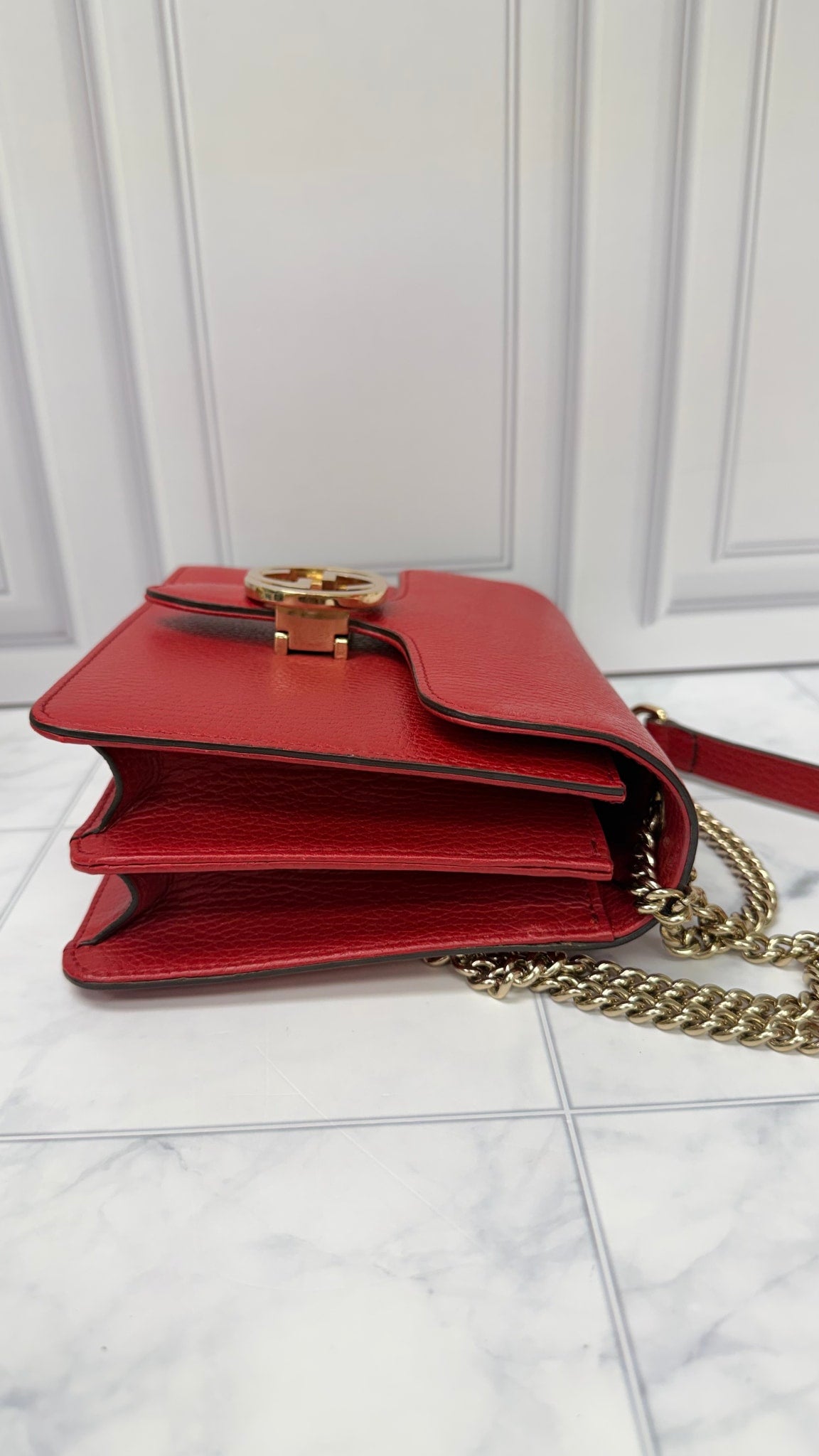 Gucci Red Grained Leather Interlocking G Small Shoulder Bag