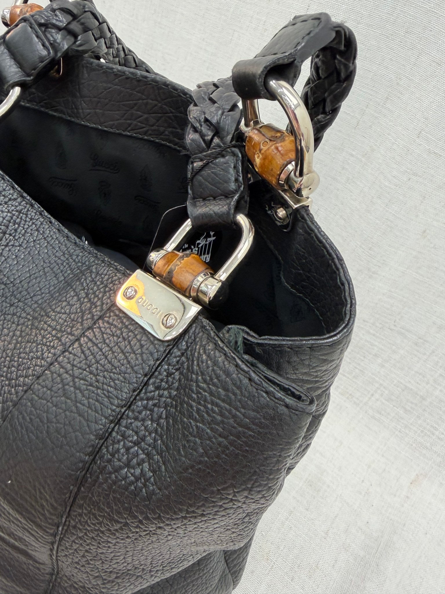 Gucci Black Leather Braided Bamboo Shoulder bag