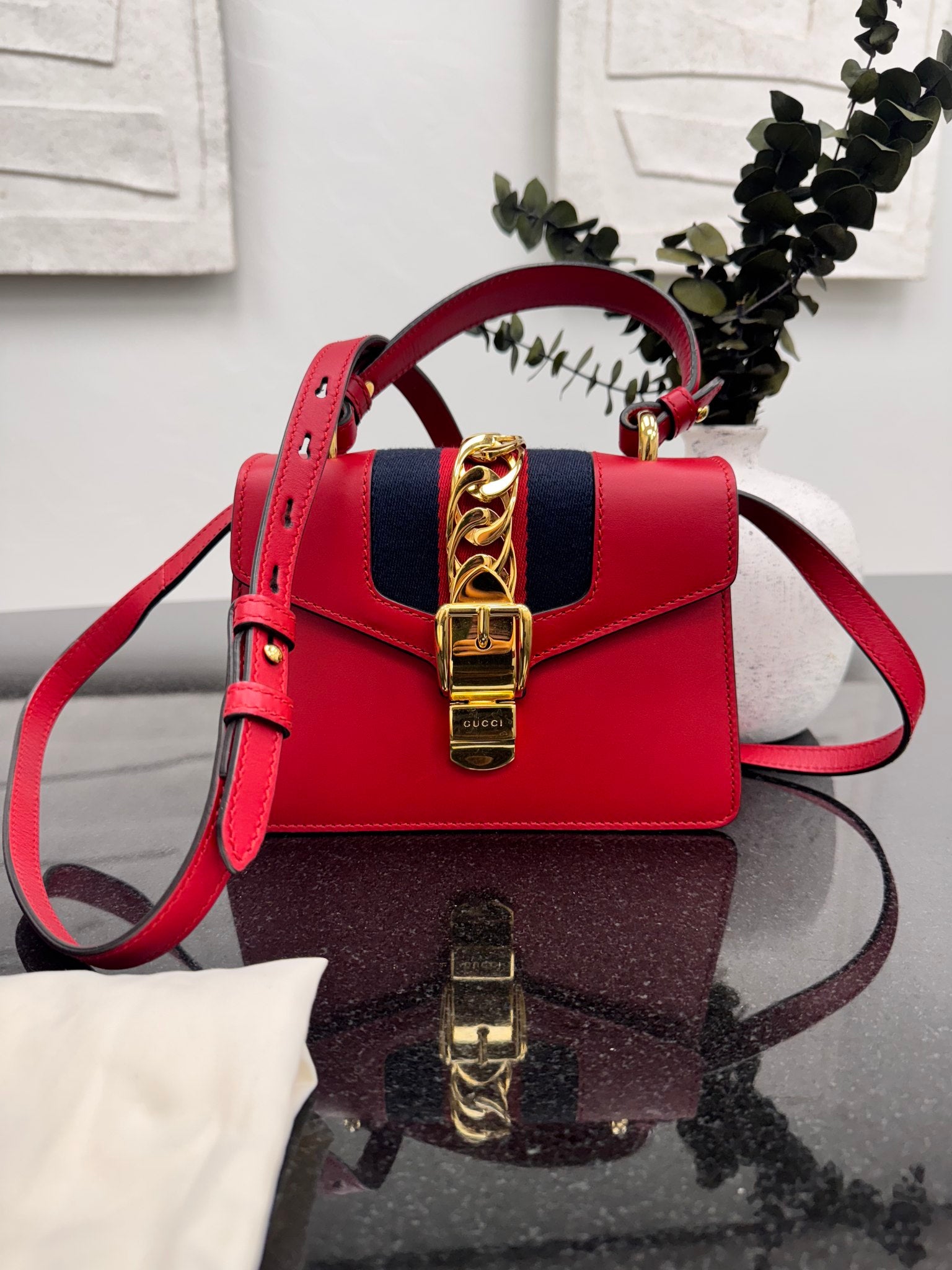 Gucci Red Leather Web Sylvie Mini 2Way Bag