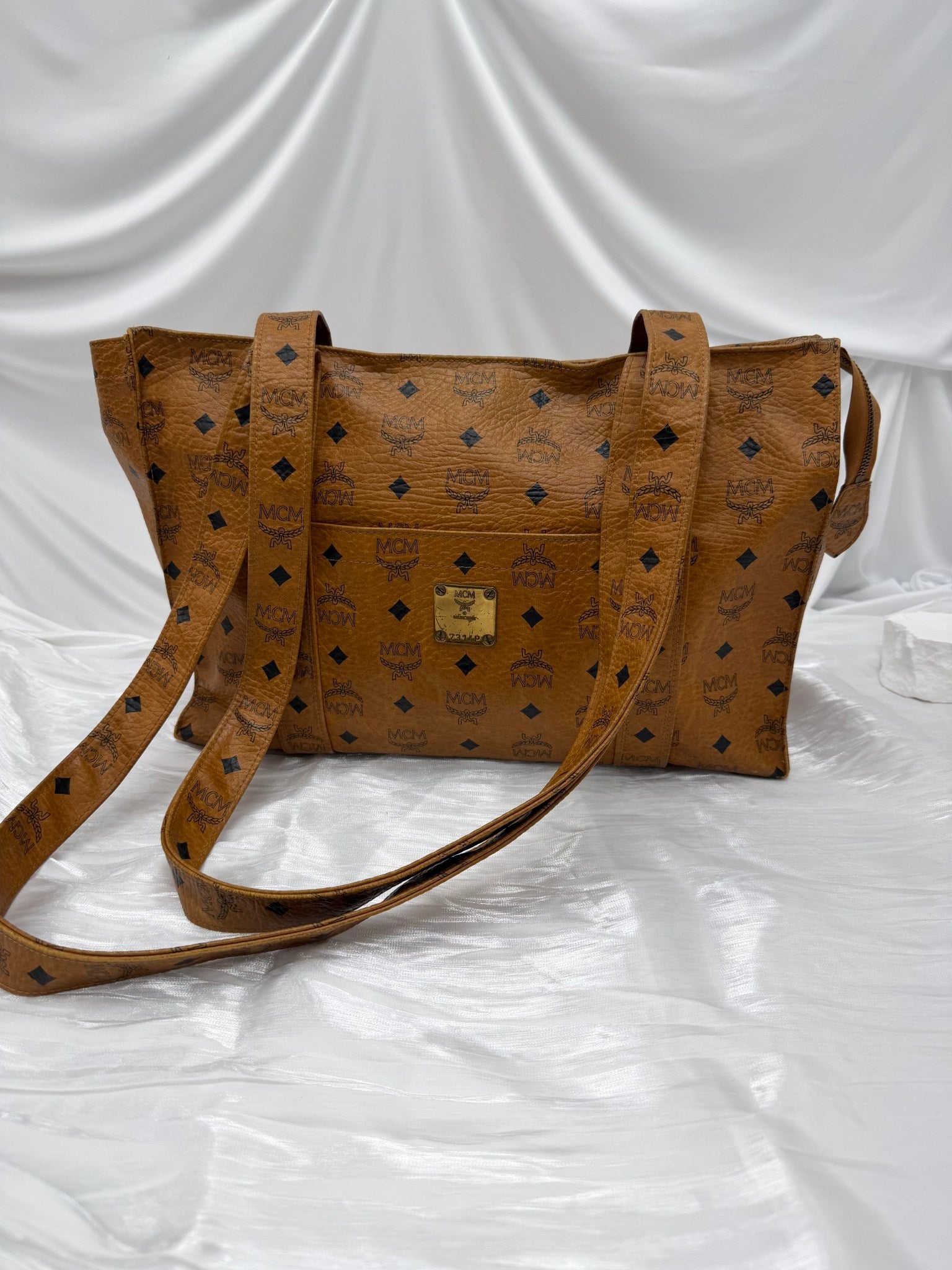 MCM Cognac Visetos Coated Canvas Shoulder Tote