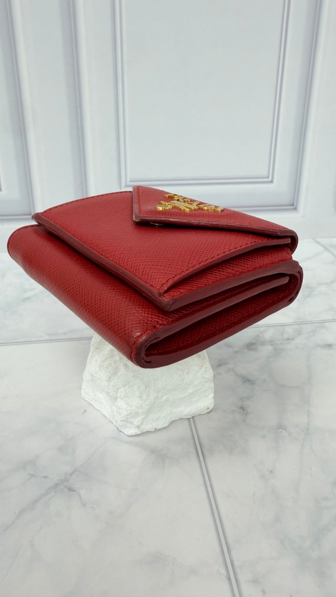 Prada Red Saffiano Leather Trifold Compact Wallet