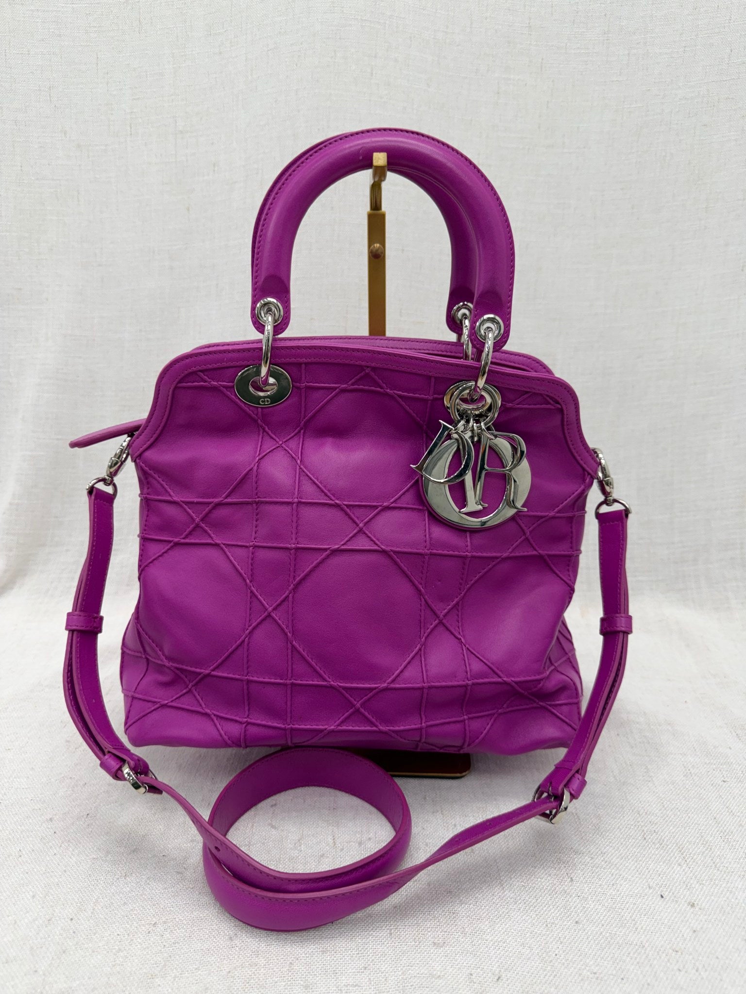 Chritstian Dior Purple Leather Granville Reverse Stitch Cannage Bag & Wallet