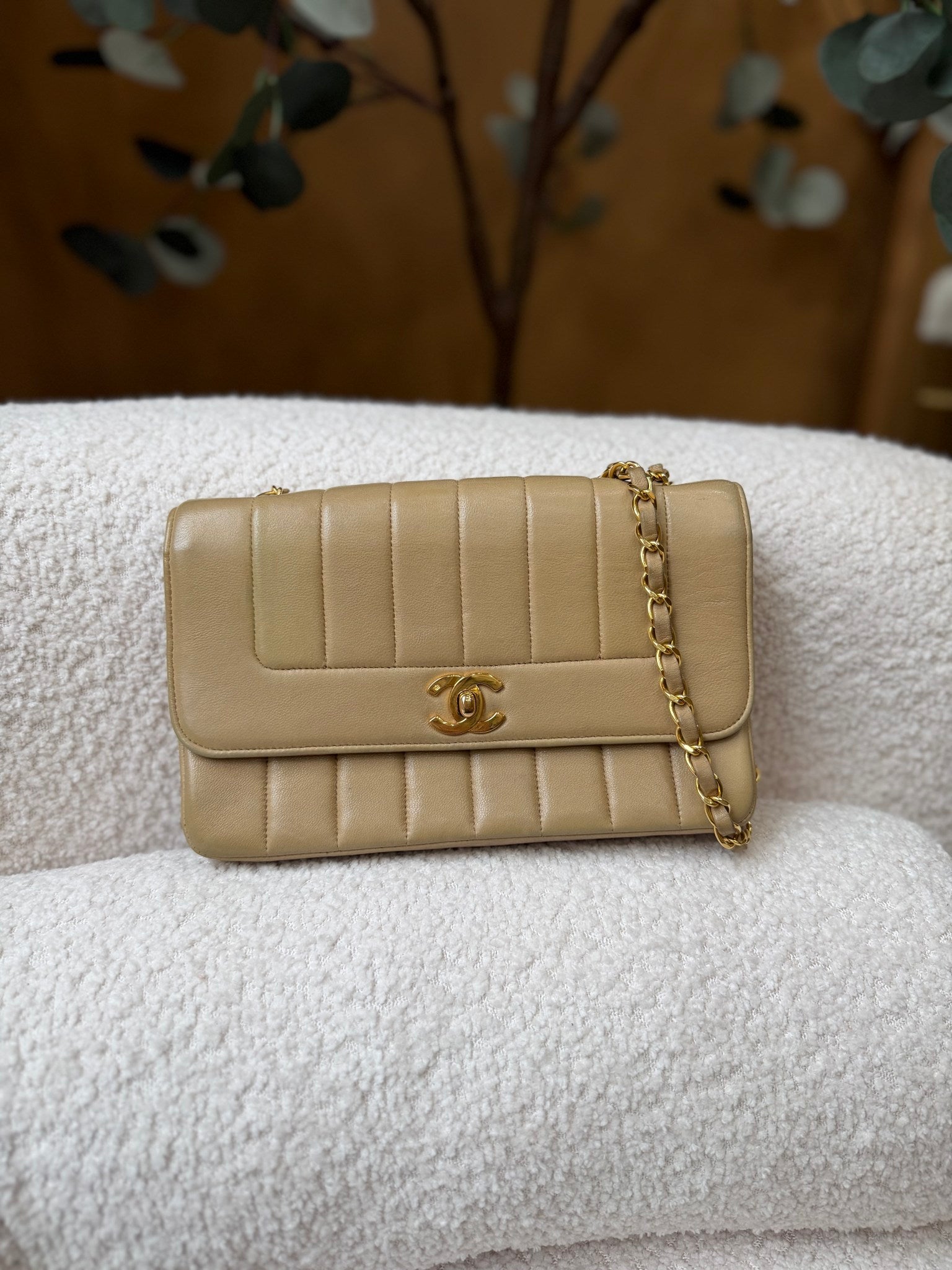 Chanel Beige Lambskin CC Mademoiselle Single Flap Bag
