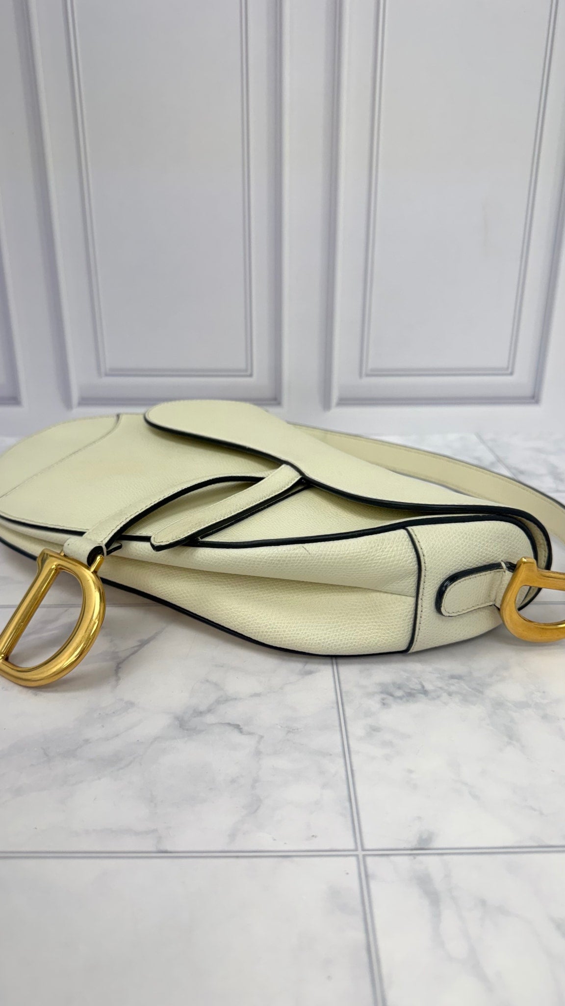 Christian Dior Ivory Grained Leather Medium Saddle Bag