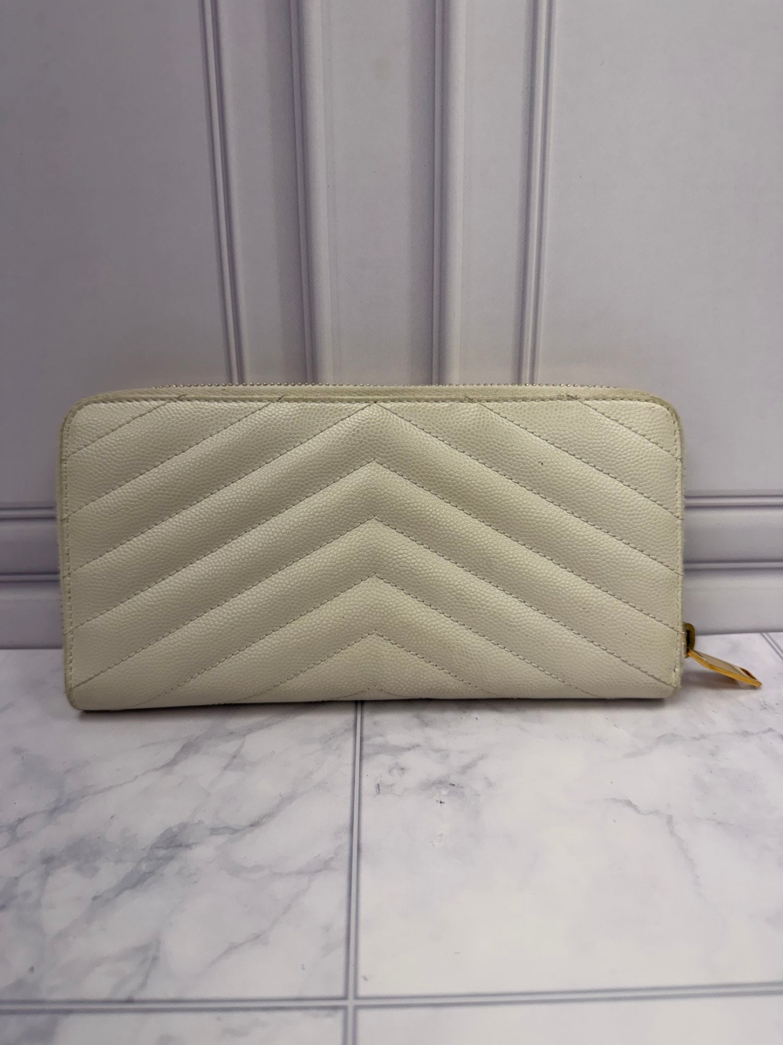 Saint Laurent YSL Cream Chevron Leather Continental Wallet