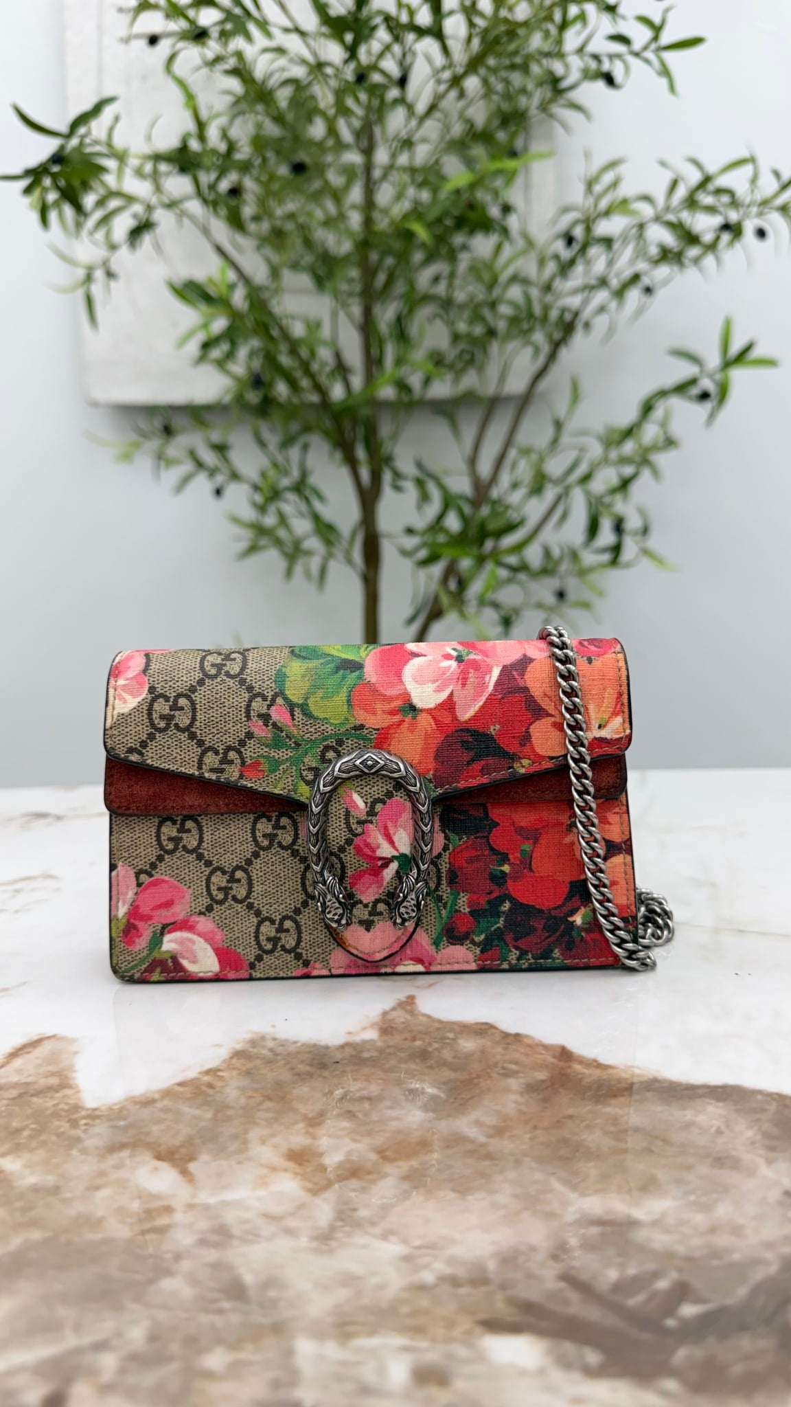 Gucci Pink GG Supreme Blooms Dionysus Super Mini Chain Crossbody Bag